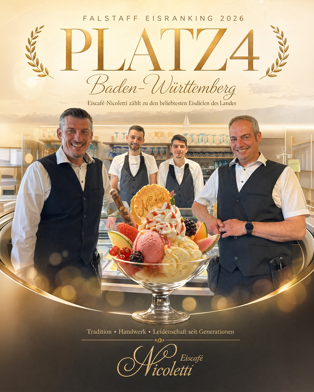 🏆 Wir freuen uns riesig!
Das Eiscafé Nicoletti wurde im Falstaff Eisranking 2026 auf Platz 4 der besten Eisdielen in Baden-Württemberg gewählt. 🍨✨
Diese Auszeichnung erfüllt uns mit Stolz und ist für uns vor allem eine Bestätigung für das, was uns seit Generationen antreibt: echtes Handwerk, hochwertige Zutaten und die Leidenschaft, jeden Tag das beste Eis für unsere Gäste herzustellen.
Ein herzliches Dankeschön an unser großartiges Team, unsere treuen Gäste und alle, die uns auf diesem Weg begleiten. Ohne euch wäre das nicht möglich gewesen. ❤️
Wir freuen uns darauf, euch auch weiterhin mit unseren Eisspezialitäten zu begeistern.
Eure Familie Nicoletti
#EiscafeNicoletti #Konstanz #Falstaff #Eisliebe #BadenWuerttemberg