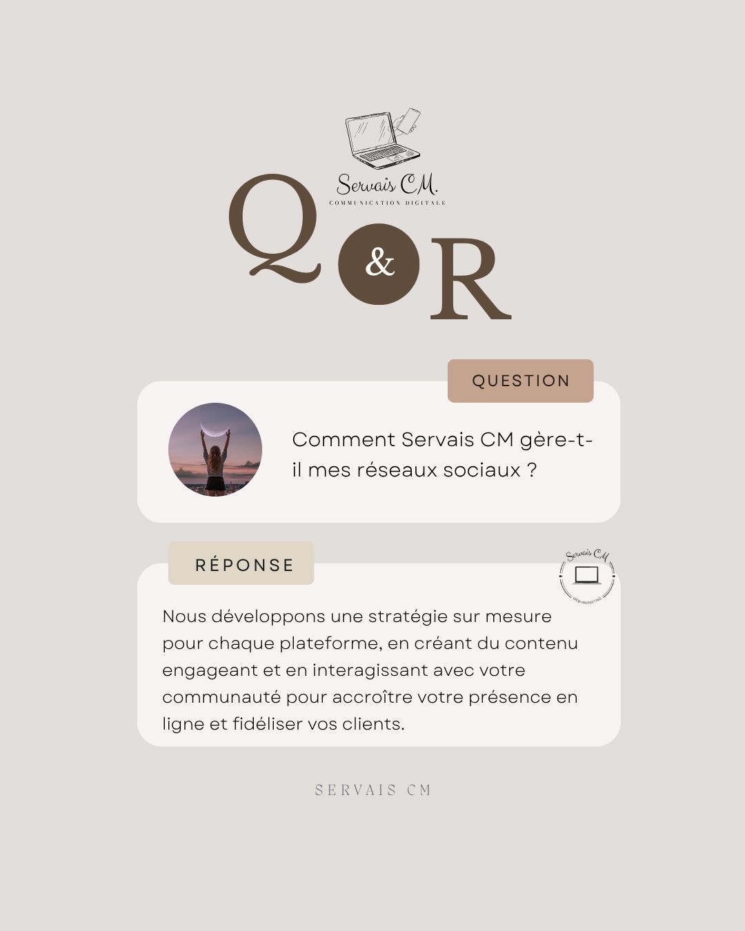 ✨ Question / Réponse du jour ! ✨
❓ Question : Comment Servais CM gère-t-il mes réseaux sociaux ?
✅ Réponse : Nous élaborons une stratégie sur mesure pour chaque plateforme (Facebook, Instagram, LinkedIn, etc.).
👉 Création de contenus visuels et textuels engageants, calendrier éditorial, publications régulières, interactions avec votre communauté et suivi des performances : tout est mis en place pour accroître votre visibilité, fidéliser vos clients et développer votre notoriété en ligne.
🚀 Confiez vos réseaux sociaux à Servais CM et concentrez-vous sur l’essentiel : votre activité !
#FAQServaisCM #CommunityManagement #RéseauxSociaux #StratégieDigitale #Engagement #Notoriété #ServaisCM