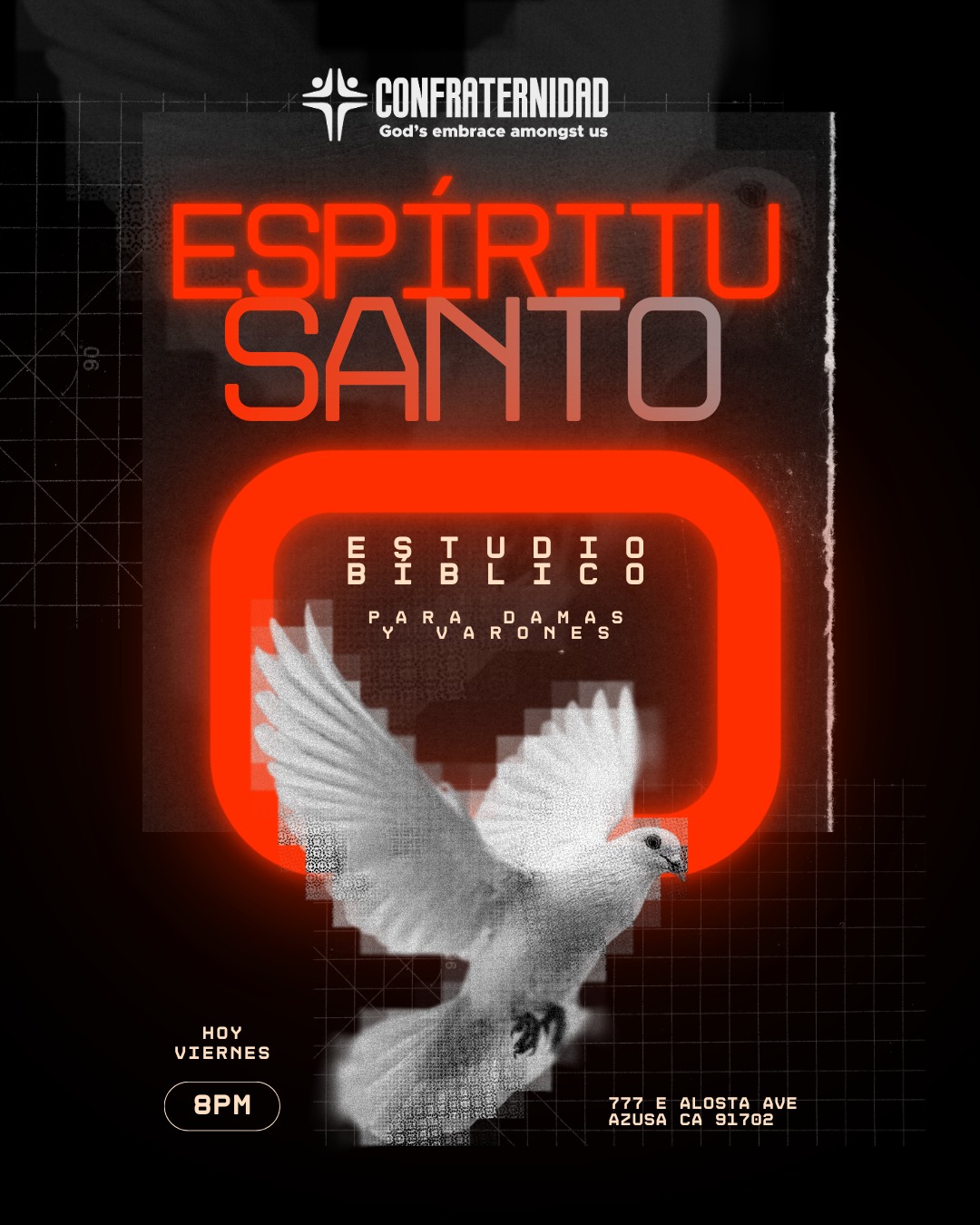 ¡El mejor plan para cerrar tu semana está aquí! ✨ Ven a recargar tus energías y buscar de Dios esta noche en Confraternidad. Hemos preparado un tiempo muy especial con espacios para cada etapa:
🔥 Youth & Young Adults (Embrace & The Journey): El ambiente ideal para conectar con amigos, disfrutar un buen rato y crecer en tu propósito. Además, tendremos Movie Night.
📖 Damas y Varones (Estudio Bíblico): Acompáñanos a profundizar en la Palabra y seguir descubriendo juntos más sobre el Espíritu Santo.
Ya sea que vengas solo, con amigos o con toda tu familia, ¡hay un lugar preparado para ti!
🗓️ ¿Cuándo? HOY Viernes
⏰ Hora: 8:00 PM
📍 Dónde: 777 E Alosta Ave, Azusa, CA 91702
¡Nos vemos esta noche, te esperamos con mucha alegría! 🙌🏼🕊️