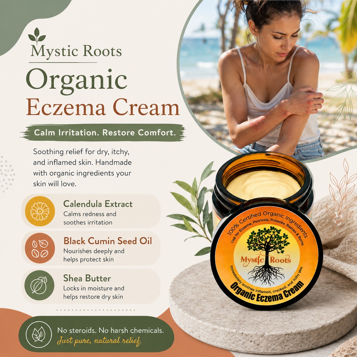 Comfort and care for sensitive, dry skin. Our Eczema Cream is crafted with nourishing ingredients that help soothe rough patches, support the skin barrier, and leave skin feeling soft and deeply moisturized.