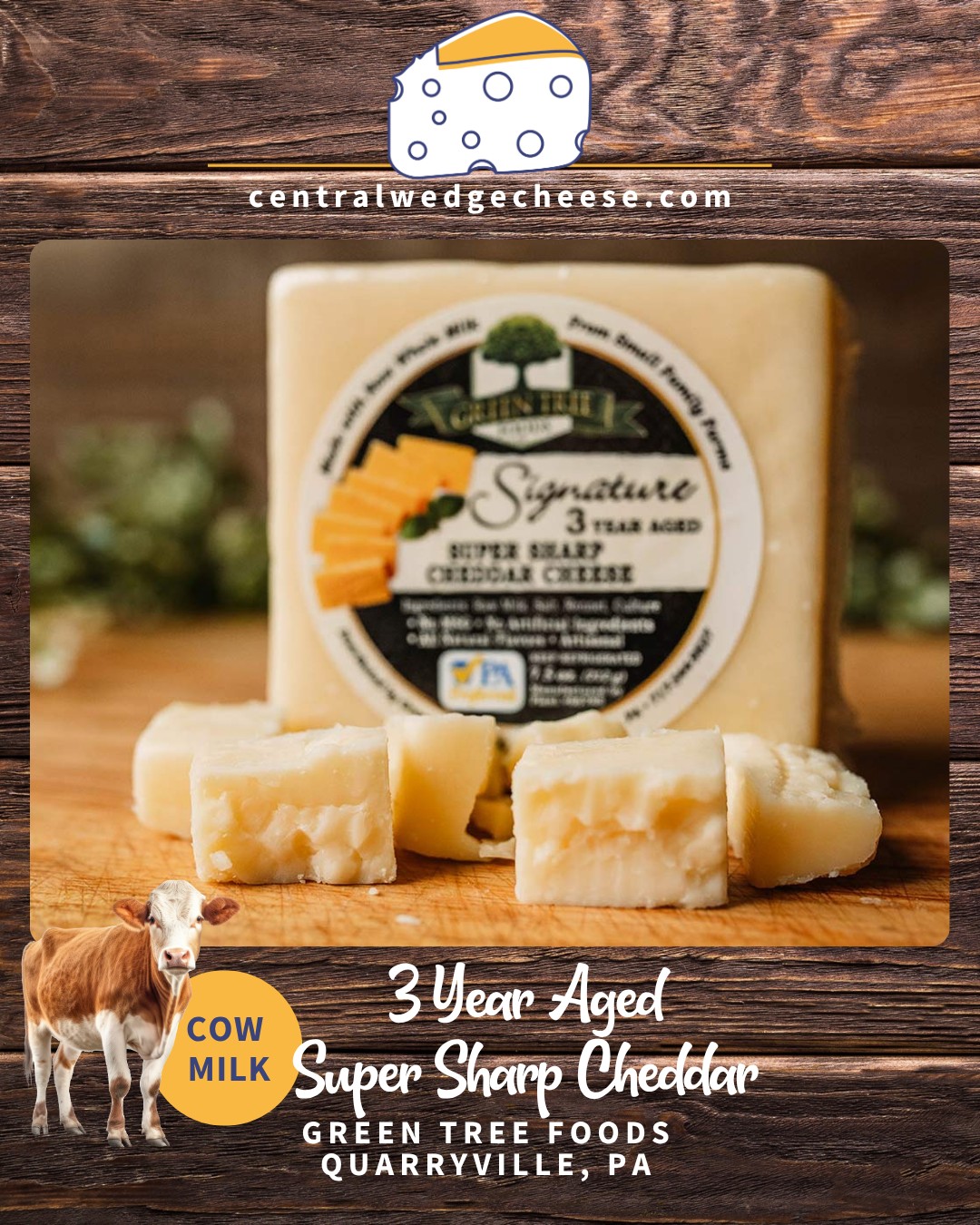 Green Tree's 3 Year Aged Super Sharp Cheddar is quickly becoming a best seller!
I'm sharing it today for 2 reasons. 1) Father's Day is this weekend and dads love sharp cheddar. It's science; don't argue with me. 2) This cheese delivers the flavor any way you want it - melted in grilled cheese, cubed with bologna, sliced for sandwiches, shredded over pizza. You can expect a grassy sharpness with nutty undertones that melts in your mouth. It's crumbly when you cut it and smooth on the palate. Did I mention it has the crunchy tyrosine crystals in it?
We have a guided tasting class of cheddar cheeses scheduled for Saturday. There are a few seats left. Join us to learn more than you ever thought possible about cheddar!