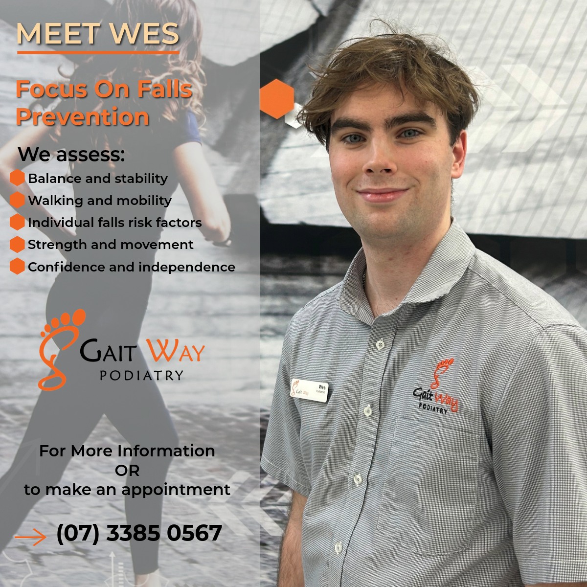 MEET OUR NEWEST PODIATRIST, WES!
Wes is Passionate About Assisting in Falls Prevention, Helping Clients to Stay Steady & Independent.
Have you noticed any of these changes?
✔️ Feeling unsteady when walking?
✔️Holding onto furniture around the house?
✔️Less confidence walking outdoors?
✔️Avoiding activities because you’re worried about falling?
✔️ Had a fall or near-fall recently?
If you answered YES to any of these questions, a Falls and Balance Assessment may help.
At Gait Way Podiatry, we use a comprehensive and objective assessment approach to understand your balance and mobility. This may include digital balance analysis, walking and mobility assessment, and clinical testing such as Romberg balance screening to identify subtle stability changes.
We assess:
• Balance and stability
• Walking and mobility
• Individual falls risk factors
• Strength and movement
• Confidence and independence
Helping you stay active, mobile, and doing the things you enjoy.
BOOK YOUR FALLS & BALANCE ASSESSMENT TODAY - Call (07) 3385 0567