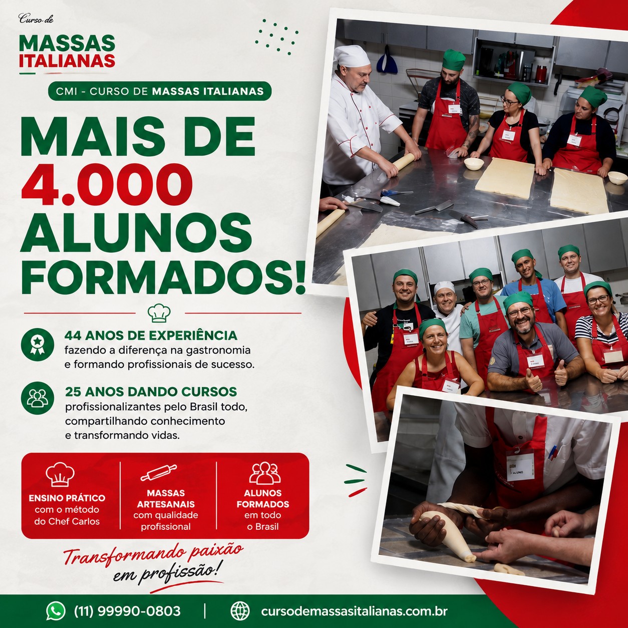 O Curso Profissionalizante de Massas Italianas pode ajudar você a ser um grande empreendedor de massas! 🇮🇹🍝
Com o curso profissionalizante totalmente focado para a produção de massas você consegue mudar sua renda de forma independente. No curso você terá contato com maquinário de primeira linha e também aprenderá a fabricar sem maquinário nenhum, colocando a mão na massa! O curso abrange todos os públicos, iniciantes, experientes na área, veganos, fitness, entre outros.
Nós focamos 100% no aluno, em seu desenvolvimento, suporte de dúvidas até mesmo quando o curso acaba, e é um curso totalmente prático ministrado quinzenalmente aos sábados das 8h às 19h com o máximo de aproveitamento. 👨🏽🍳👩🏽🍳
Temos tudo o que o seu negócio precisa para fazer sucesso!
Mais informações e inscrições pelo Whatsapp: (11)
99990-0803
Visite nosso site:🇮🇹 Curso de Massas Italianas
www.cursodemassasitalianas.com.br
