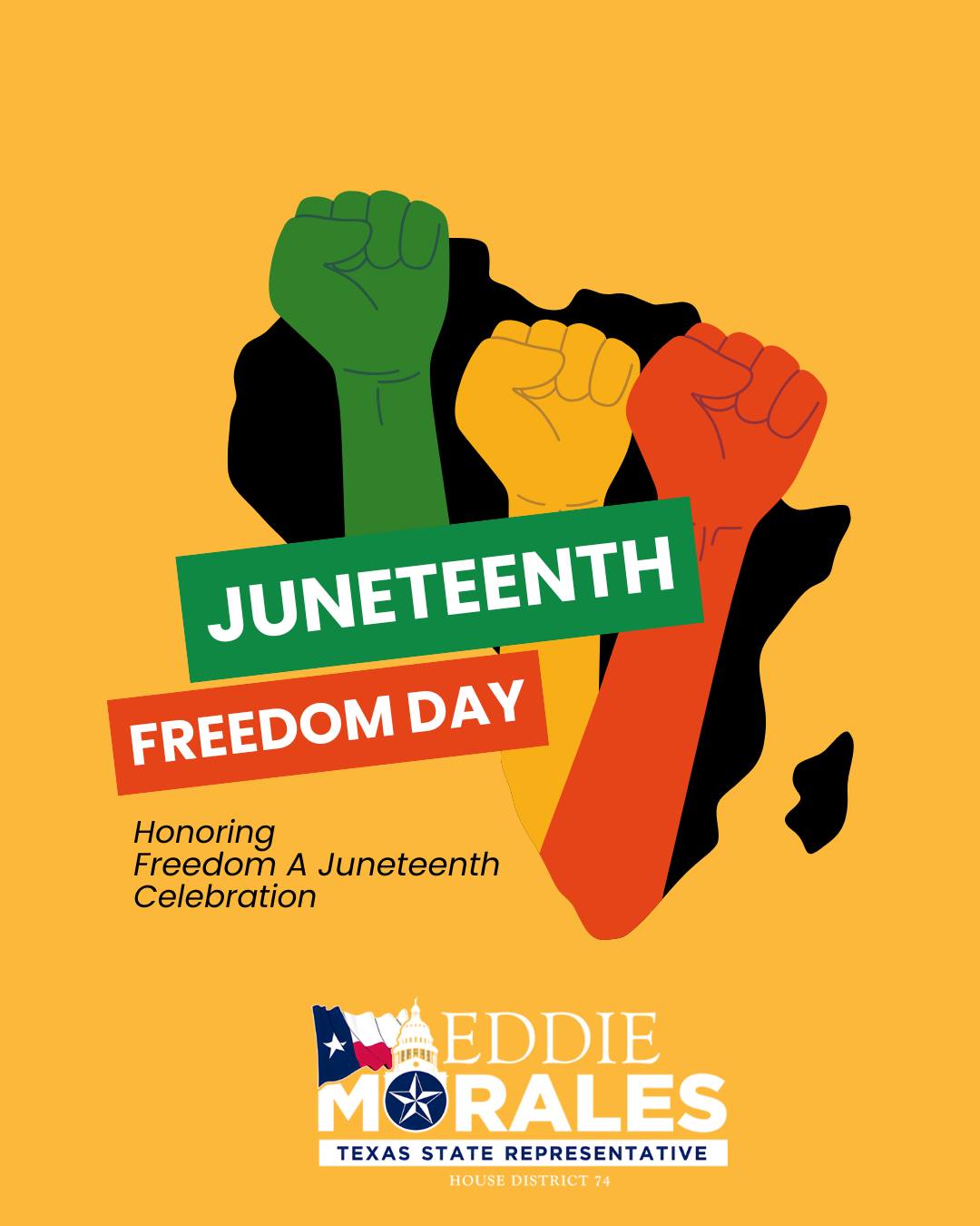 Today, we honor Juneteenth, a day that commemorates freedom, resilience, and the enduring pursuit of equality in our nation.
Juneteenth reminds us of the importance of understanding our history, recognizing the sacrifices of those who came before us, and continuing to build stronger communities where opportunity and justice are available to all.
As we reflect on this significant day, let us celebrate the contributions, culture, and achievements of African Americans who have helped shape our state and nation.
Together, we move forward by honoring the past, embracing unity, and working toward a brighter future for every Texan.
Happy Juneteenth.
#Juneteenth #FreedomDay #TexasHD74 #AVoiceForAll