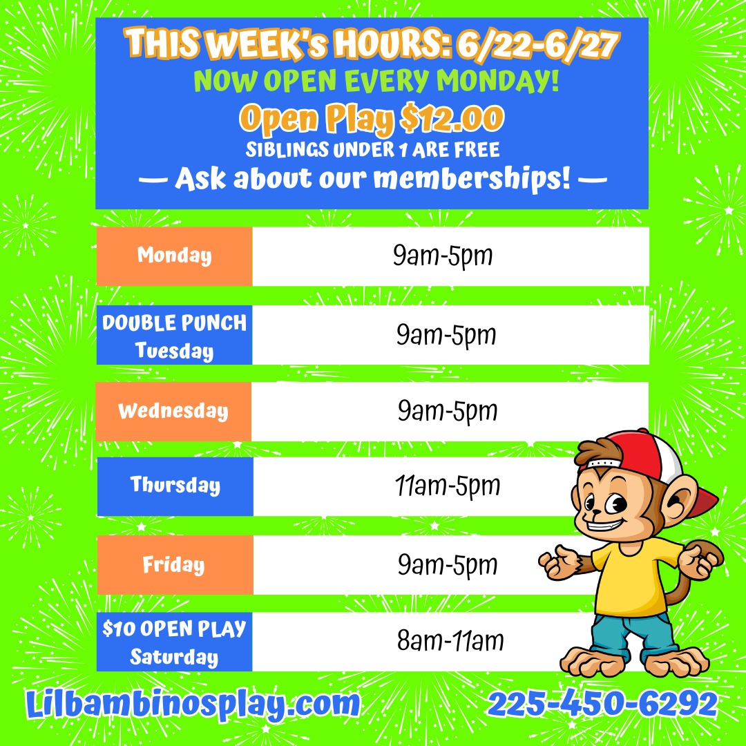 Open play hours for next week! (6/22-6/27)
New extended summer hours until 5pm
*6/25 Open Play 11am-5pm due to private morning event*