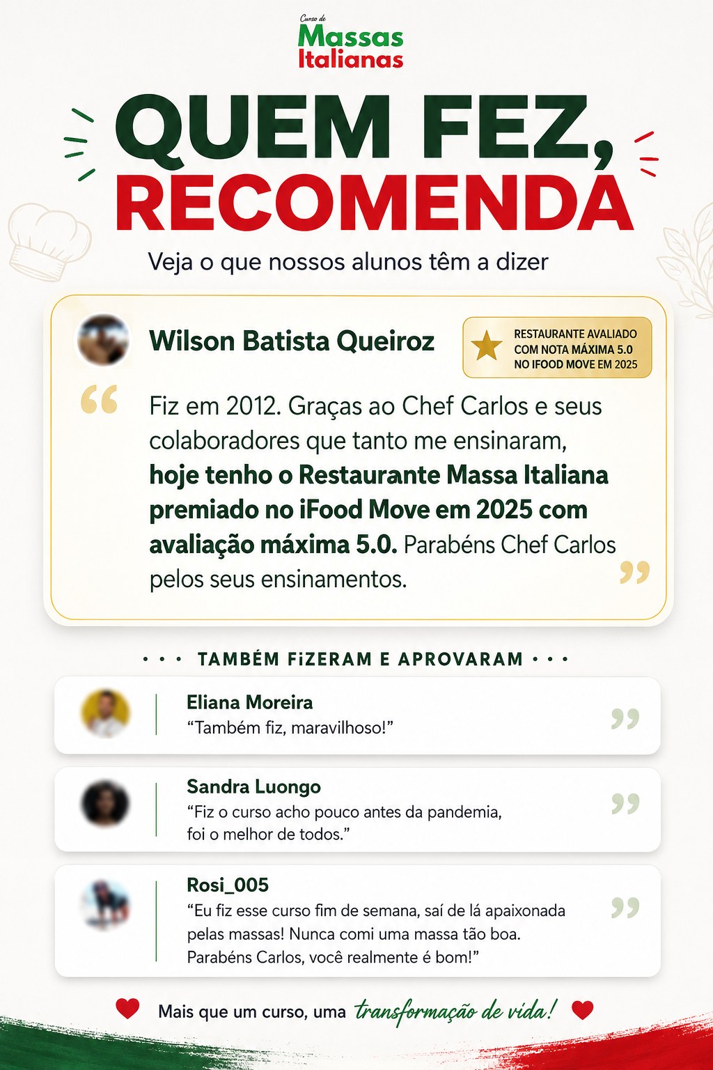 Quem fez, recomenda. ❤️
Nada fala mais alto do que os resultados dos nossos alunos.
Em 2012, Wilson Batista Queiroz fez o curso com o Chef Carlos. Hoje, é proprietário do Restaurante Massa Italiana, premiado no iFood Move 2025 com avaliação máxima de 5.0 ⭐
E ele não está sozinho:
💬 “Também fiz, maravilhoso!”
💬 “Foi o melhor curso que já fiz.”
💬 “Já estou ganhando dinheiro com o que aprendi.”
💬 “Tenho suporte até depois do curso.”
Seja para empreender, aperfeiçoar suas técnicas ou realizar o sonho de dominar as verdadeiras massas italianas, o primeiro passo pode começar aqui.
🚀 Venha fazer parte dessa história.
📲 Garanta sua vaga pelo link da bio.
#CursoDeMassasItalianas #MassasItalianas #MassasArtesanais #GastronomiaItaliana #ChefCarlos #DepoimentosReais #QuemFezRecomenda #EmpreendedorismoGastronômico #CulináriaItaliana #CursoProfissional