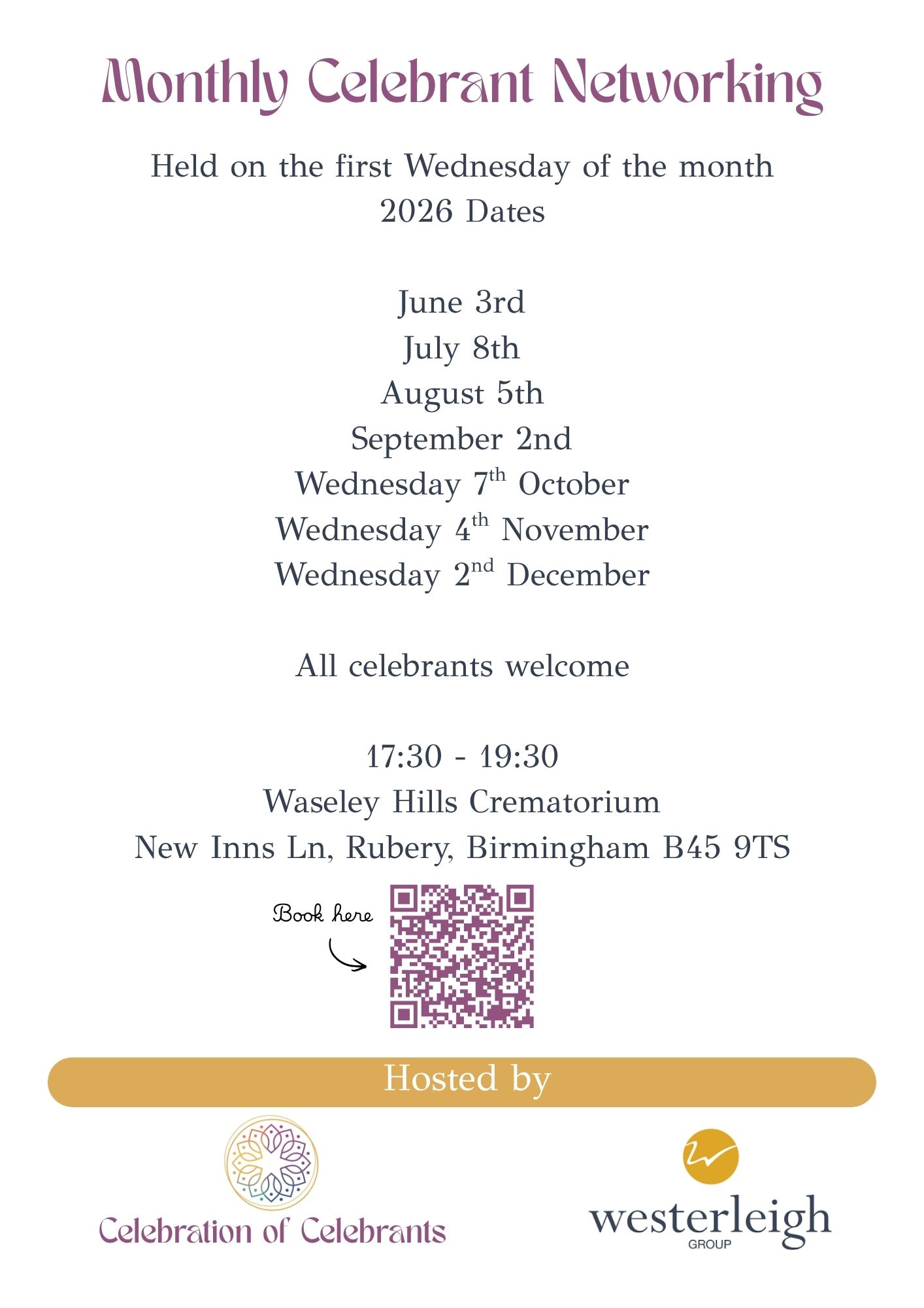 Two weeks today - The Celebration of Celebrants networking event is on Wednesday, 8th July, at Waseley Hills Crematorium, 17.30 - 19.30.
Usually held on the first Wednesday of the month, apart from July!
Open to all celebrants looking to collaborate, connect and feel part of the wider community.
Help shape future events by attending.
Free to attend - book via Eventbrite or message 07305 531 610
https://www.eventbrite.co.uk/e/1989818387361
#celebrantsupport
#celebrantcommunity
#birminghamcelebrant