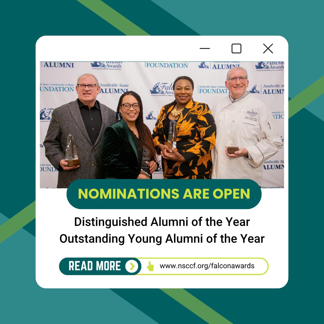 Don’t miss your chance to celebrate an inspiring Nashville State alum. We’re accepting nominations for Outstanding Young Alumni and Distinguished Alumni. Submit your nomination at the link in our bio! 🏆
#NashvilleState #NSCCFoundation #FalconAwards