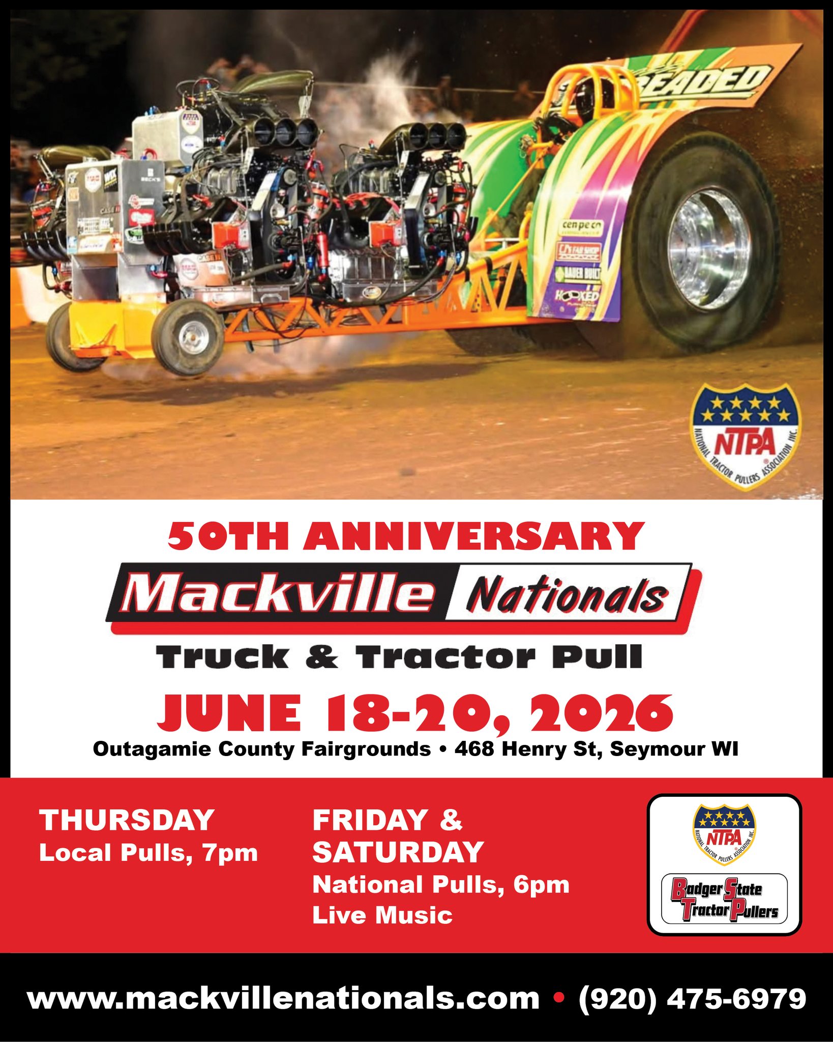 🚜💨 The engines are roaring and the dirt is flying!
The 50th Anniversary Mackville Nationals Truck & Tractor Pull is back June 18–20 at the Outagamie County Fairgrounds in Seymour, bringing three days of horsepower, competition, and family-friendly excitement to Northeast Wisconsin.
🔥 Local Pulls on Thursday
🏆 National Pulls on Friday & Saturday
🎶 Live Music
🚜 Some of the best truck and tractor pullers in the country competing under the lights
Whether you're a longtime fan or experiencing your first pull, this milestone event is one summer tradition you won't want to miss.
📍 Outagamie County Fairgrounds, Seymour, WI
🗓️ June 18–20, 2026
Learn more at mackvillenationals.com
👉 Follow @goTGVGwi for more things to do this weekend in Northeast Wisconsin, family fun, festivals, and summer adventures, and visit goTGVG.com for even more local happenings!
#MackvilleNationals #TruckAndTractorPull #SeymourWI #OutagamieCounty #FamilyFun #WisconsinEvents
