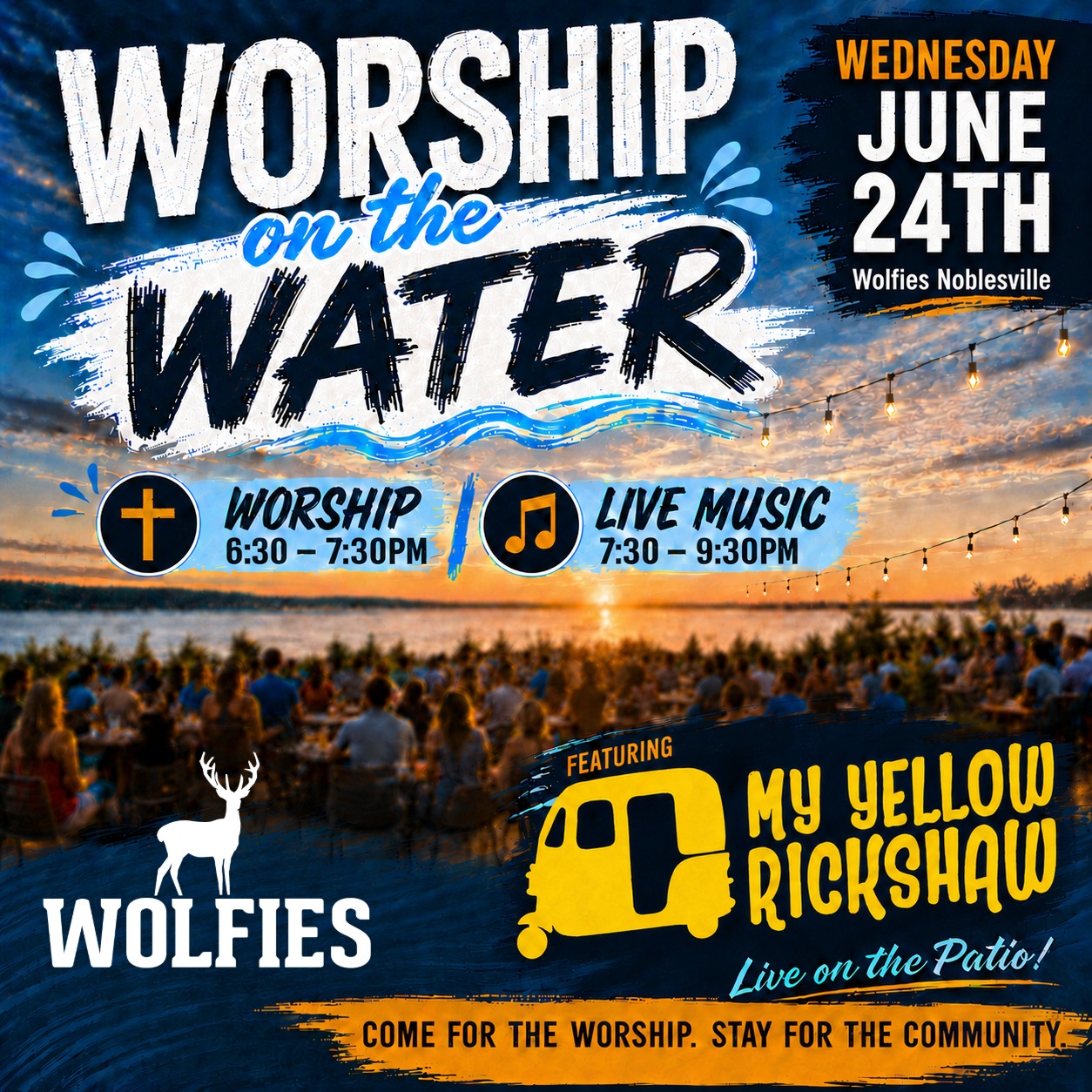 Worship. Music. Community.
Join us Wednesday at our Noblesville location for the next Worship on the Water. Our very own Alec Wolf will be the featured speaker as worship begins at 6:30 PM. Then stay and enjoy live music from @myyellowrickshaw beginning at 7:30 PM.
Come experience an evening of inspiration, connection, and beautiful waterfront views. We can't wait to spend the evening with you.
#WorshipOnTheWater #WolfiesGrill #NoblesvilleIN #Community #FaithAndFellowship #SummerNights #LiveMusic #MyYellowRickshaw #WaterfrontViews #IndianaEvents #HamiltonCountyIN #FamilyFriendly #WolfpackWay