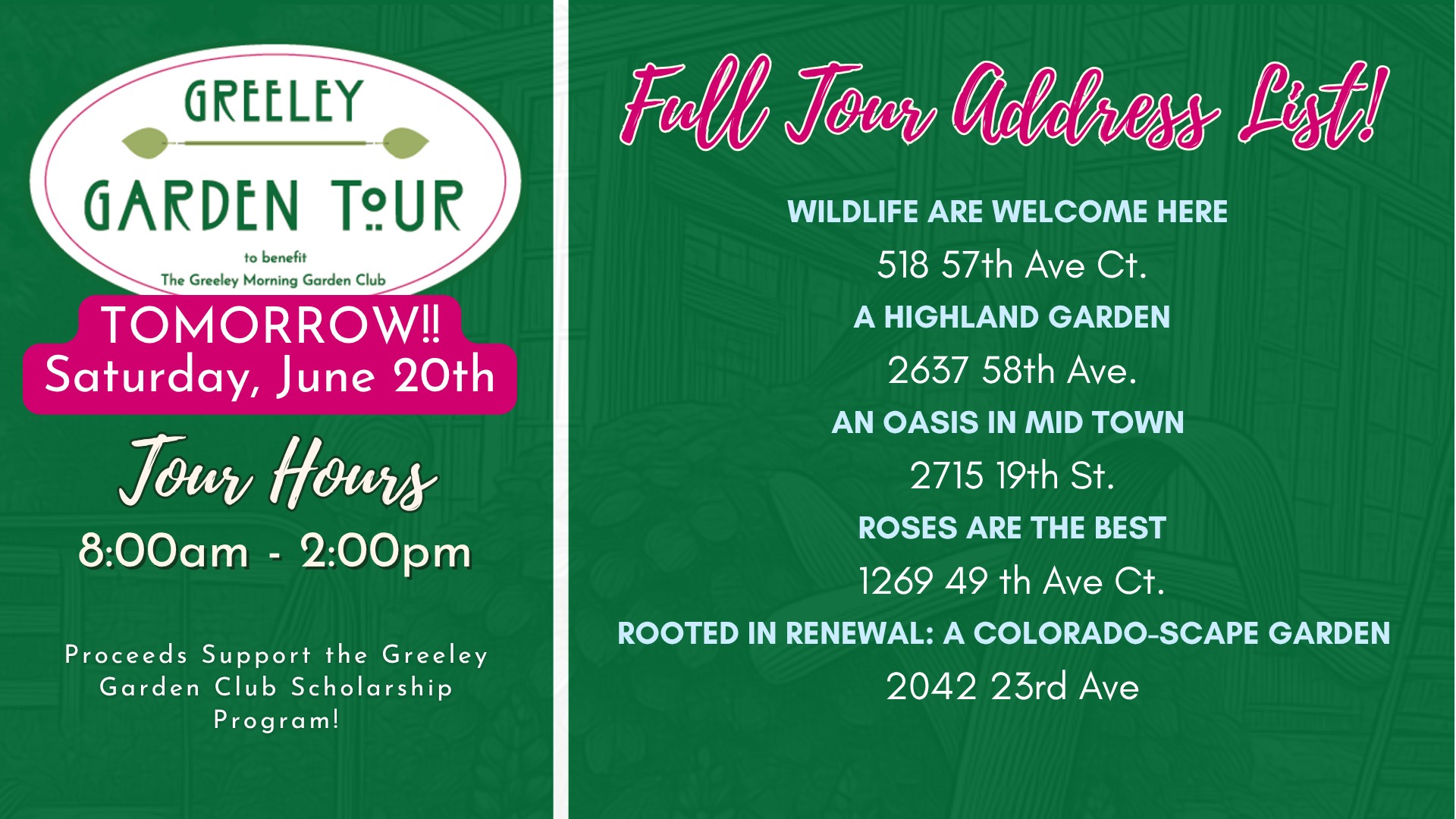 Only an Hour Left to Buy Online!
๐ธ Join us for the 33rd Annual Greeley Garden Tour from 8:00 AM to 2:00 PM.
๐ป๐๐๐๐๐ ๐ฐ๐๐๐๐๐๐๐๐๐๐:
๐๐ง๐ฅ๐ข๐ง๐: Secure your tickets for $15 using a credit card online today until 6:00 PM at https://www.greeleygardenclub.com
๐๐๐ฒ ๐จ๐ ๐๐จ๐ฎ๐ซ: If you miss the online deadline, you can purchase tickets for $15 tomorrow at any of the homes on the tour using cash or check.
Garden Tour Locations:
๐ธ2042 23rd Ave
๐ผ1269 49th Ave Ct
๐ท2637 58th Ave
๐ชป518 57th Ave Ct
๐ป 2715 19th St
Call your friends, plan your route, and we will see you in the gardens tomorrow!