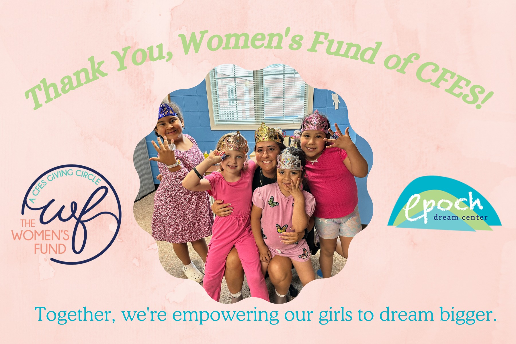 We are honored to be the recipient of a 2026 The Women's Fund of the Eastern Shore Grant!
This investment in the girls we serve will help us continue providing mentorship, leadership development, and opportunities that build confidence, foster resilience, and encourage big dreams.
At Epoch, we firmly believe every girl deserves the chance to discover her strengths, pursue her goals, and envision a bright future. Thanks to the support of the Women's Fund, we can continue creating meaningful experiences that help girls grow into confident, capable leaders.
Together, we're helping girls dream bigger, reach higher, and build brighter futures.
Thank you for believing in the potential of the next generation. 💜