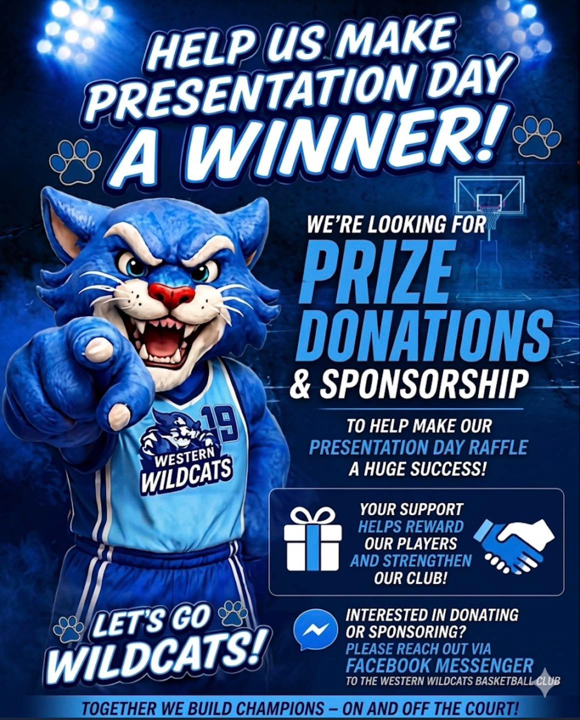 ๐๐พ Calling All Wildcats Supporters! ๐พ๐
The Western Wildcats Basketball Club is seeking prize donations and sponsors for our upcoming Presentation Day Raffle.
Whether youโre a local business or community supporter, your contribution will help make the day extra special for our players and families.
๐ Prize donations welcome๏ฟฝ๐ค Sponsorship opportunities available๏ฟฝ๐ฃ All donors and sponsors will be acknowledged and promoted during our Presentation Day celebrations.
Ready to help the Wildcats roar? ๐พ๐
๐ฉ Please contact the Western Wildcats Basketball Club via Facebook Messenger if youโd like to donate or sponsor.
https://www.westernwildcatsbc.com/contact-uus-new-draft
๐ฉตTogether, weโre building champions on and off the court.๐ฉต
#LetsGoWildcats #westernwildcatsbasketball #CommunitySupport #PresentationDay