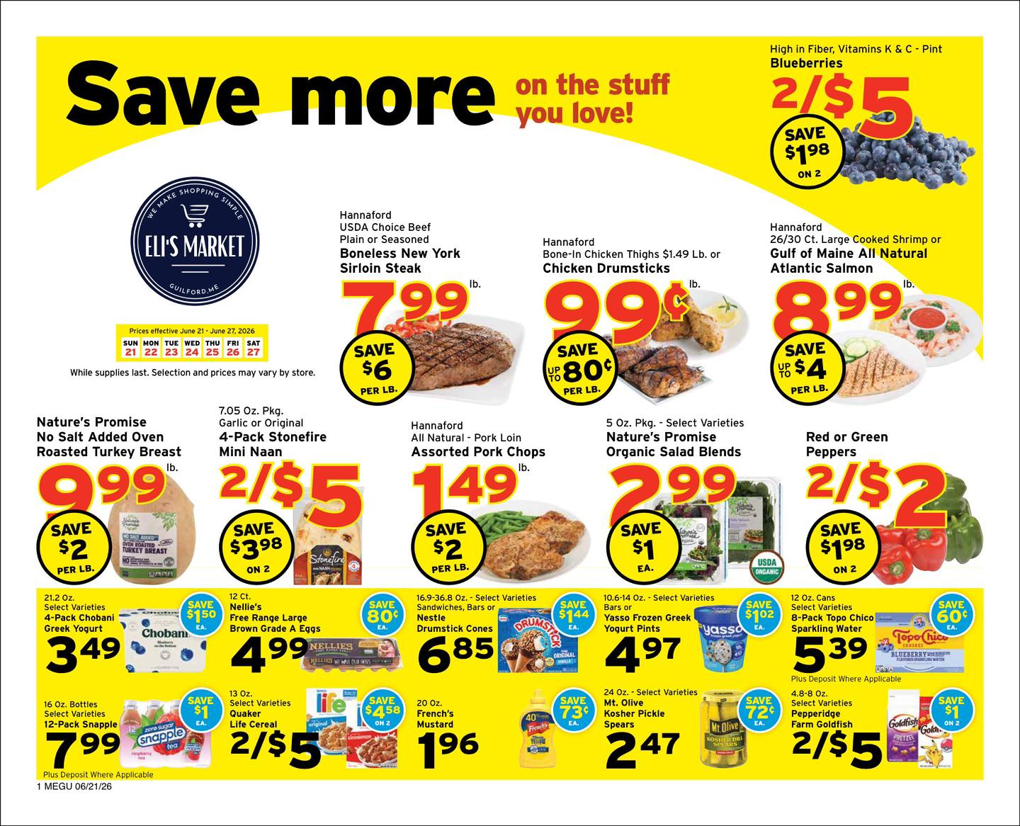 Looks like grilling season and berry season decided to show up at the same time.
🥩 Boneless New York Sirloin Steak - $7.99/lb
🍗 Chicken Drumsticks - 99¢/lb
🦞 Gulf of Maine Cooked Shrimp - $8.99/lb
🫐 Blueberries - 2/$5
🥑 Avocados - 2/$2
🌶️ Red or Green Peppers - 2/$2
What’s going in your cart this week?
📍 Eli’s Market, Guilford
📞 207-876-2282
#ElisMarket #GuilfordMaine #ShopLocal #MaineGroceries #WeeklySpecials