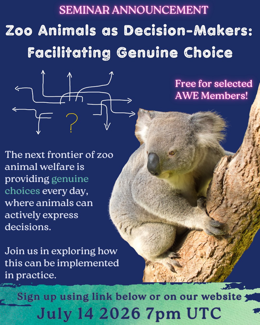 📣 Seminar announcement 📣 Zoo Animals as Decision-Makers: Facilitating Genuine Choice
The next frontier of zoo animal welfare is providing genuine choices every day, where animals can actively express their decisions.
For example, letting them choose which enclosure to access, whether to receive their food via training or enrichment, or which caretaker to interact with.
Zoo staff and managers will always have to oversee which choices are available - a sick animal can't have a choice not to undergo medical treatment. But we can certainly offer them more genuine choice in their every day food, social and enrichment opportunities, as opposed to inferring their preferences through cues, or assuming we know what they want.
Join us in exploring how this can be implemented in practice in our seminar on July 14th 2026 at 7pm UTC.
Select AWE Member levels will have free access: please register on the Live Seminar page of your portal to receive the meeting link. If you're not a member, you can purchase one-time access and will also get a copy of the recording.