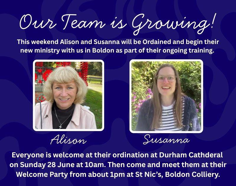 Welcome Alison & Susanna to The Boldons! 🎉
We’re delighted to welcome Alison and Susanna as they begin their ministry in The Boldons following their ordination this weekend.
Please join us in praying for them as they start this exciting new chapter, and come along to meet them at their welcome celebrations.
Find out more about Alison, Susanna and this year’s ordinands here: https://bit.ly/49j563Z
#ordinands