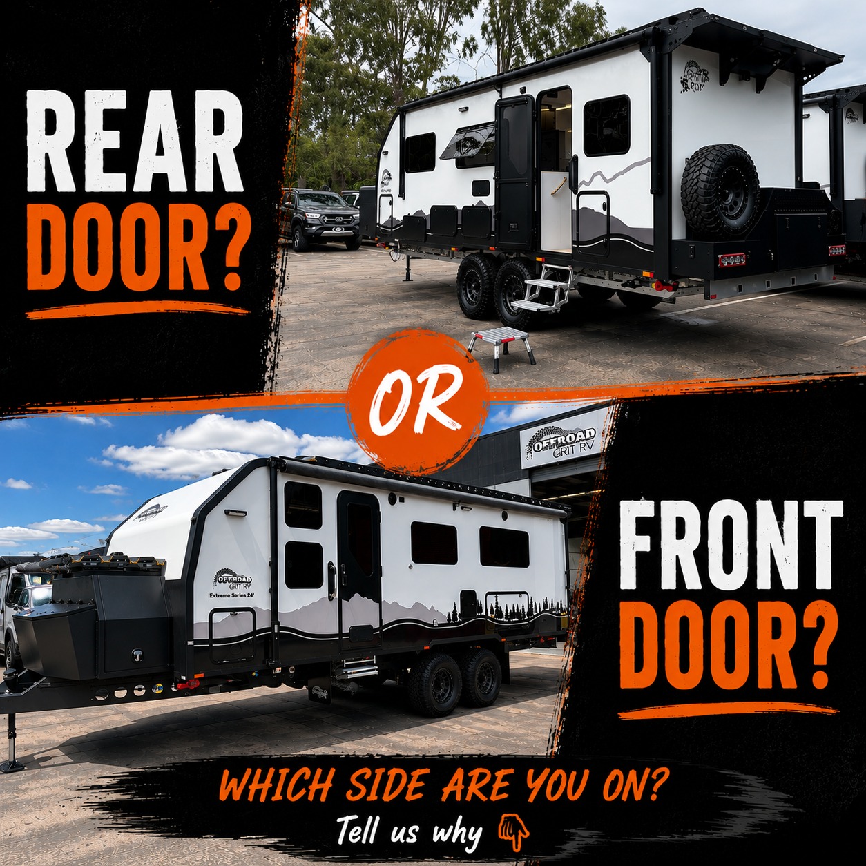 Forget lithium.
Forget solar.
Forget suspension.
Let's talk about the issue that's split caravan owners for years... 😆
FRONT DOOR OR REAR DOOR?
You can only pick one.
👇 Cast your vote below and defend your choice.