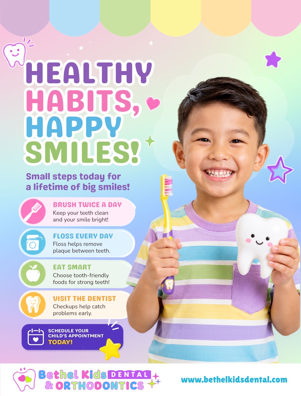 Little habits. Big impact. 💛
Starting good dental routines early sets your child up for a lifetime of healthy smiles. From brushing twice a day to regular checkups — we're here every step of the way! 🦷
👶 We make dental visits fun and stress-free for your kids!
📍 Lodi | 📍 Manteca | 📍 Sacramento
🌐 www.bethelkidsdental.com
🔗 https://bit.ly/BethelKidsDentalBooking
#BethelKidsDental #KidsDentist #PediatricDentist #HealthyTeeth #SmileBright #DentalCare #OrthodonticsForKids #ChildrensHealth