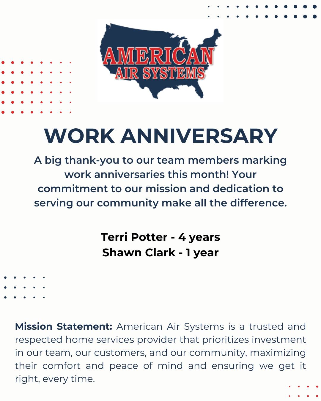 Celebrating two of our amazing team members and their work anniversary this month!
Thank you for your incredible contributions to American Air Systems, Inc. Here’s to many more years of success together!
#WorkAnniversaries #TeamAppreciation #AmericanAirSystems
