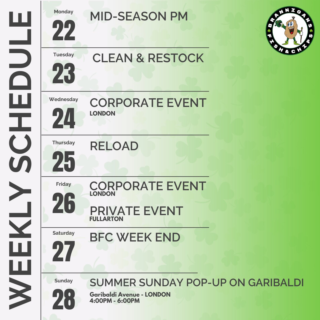 Here's our schedule for the last week of school #already
This week we block-off time for some preventative maintenance and deep cleaning ... it's what we do BTS to make sure we are able to serve quality food experiences and keep showing up, doing what we do - rain or shine and in all kinds of weather
We have also carved out time this week for a neighbourhood pop-up planned on the first Summer Sunday of 2026 so pre-order or come grab dinner at the window and ease into the week ahead!
We are wishing you all a safe and successful end to the school year💚
#SupportLocal #FishAndChips #LondonOntarioEats
#bookbrannigans🍀