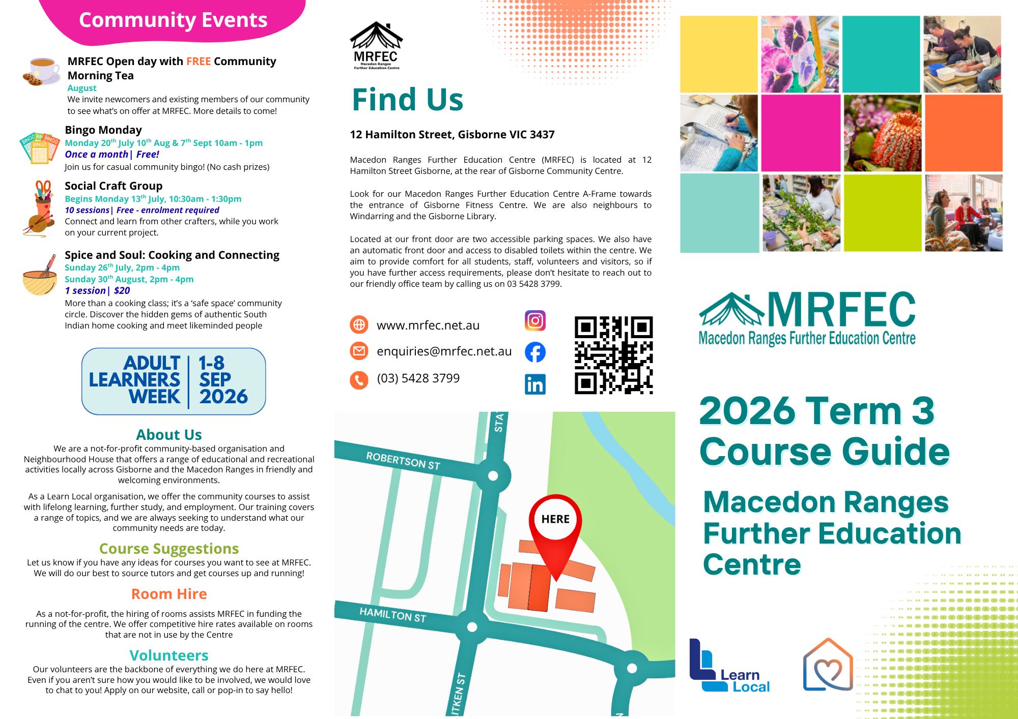 Term 3 Enrolments are open NOW! 🥳
With a mix of returning favourites and exciting new additions this term, including the launch of our brand new Course Guide, we’re thrilled with what we have on offer.
New courses this term include:
🖌 Art & Drawing
📸 Beginners Photography
🧍♀️ Gentle Movement
📱 Digital Devices – The Basics
👩💻 Office Ready Skills with AI.
We also have some new workshops, including:
📖 Create Your Own Paperback Book
♻️ Eco Dyeing
🤳 iPhone Photography.
Looking at a career change? Look no further than our Career Development and Digital Skills courses! MRFEC is a Learn Local organisation where you can access subsidised training close to where you live. Experienced tutors present our training, and we specialise in small classes averaging about 8 to 10. These courses include:
✅ Permaculture – Dates TBC.
✅ Become a Barista – Dates TBC.
✅ Social Media Marketing with KGMG Creative – begins Monday 10th August.
✅ Digital Devices – The Basics – begins Monday 17th August.
✅ Xero – begins Monday 24th August.
✅ Office Ready Skills with AI – begins Thursday 3rd September.
✅ Bookkeeping – begins Tuesday 8th September
For more information on any of the above, call us on 5428 3799, pop in to say hello at 12 Hamilton Street or hop on to our website to enrol online at www.mrfec.net.au. We look forward to seeing you soon!