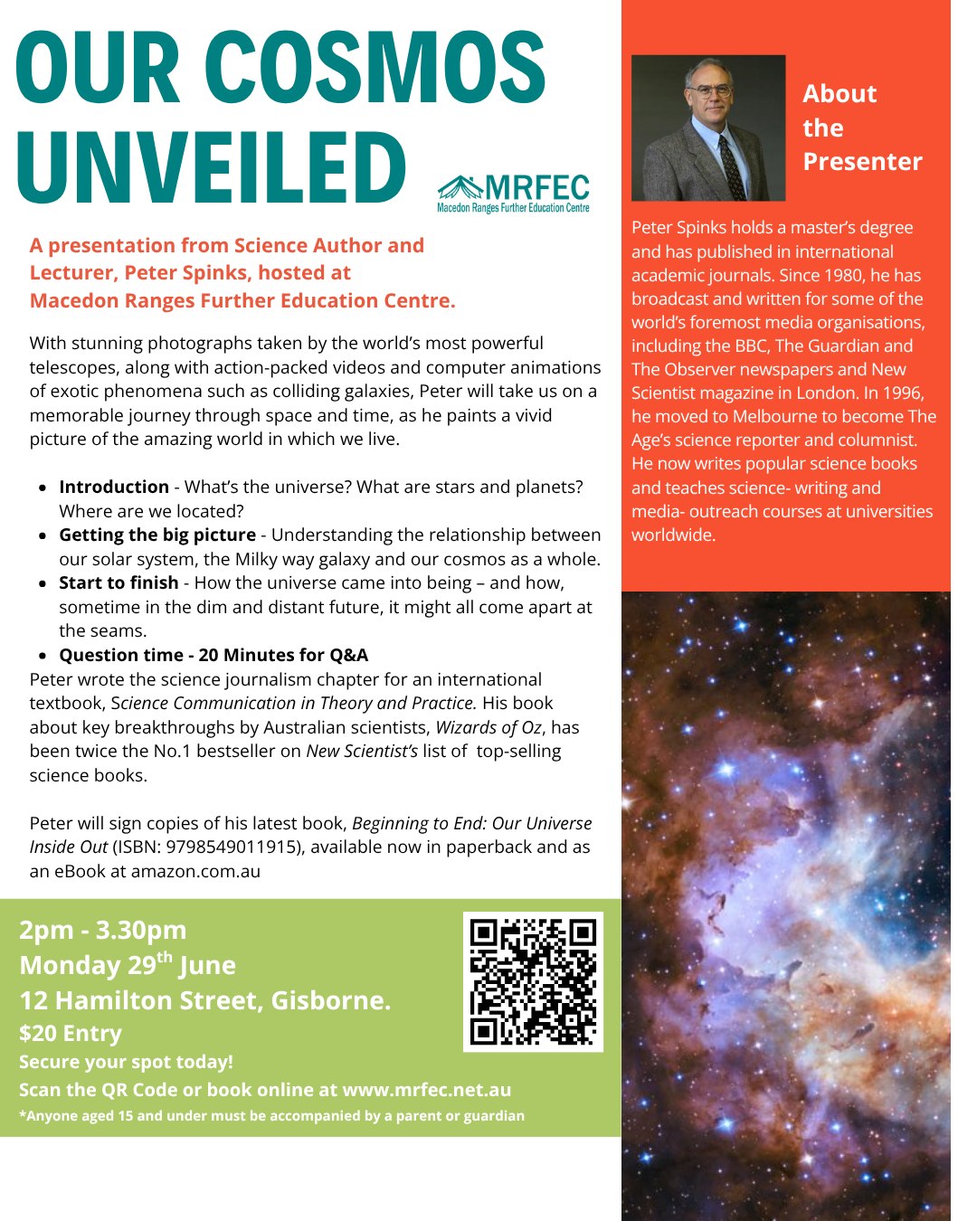 🌌 Ready to explore the universe?
Join Author and Lecturer Peter Spinks for a journey through space and time - featuring stunning telescope imagery, immersive animations, and fascinating insights into how our universe began (and how it might end…).
✨ From stars and galaxies to the big questions about our cosmic origins, this is an event for curious minds of all ages.
❓ Plus, stay for a live Q&A and get your burning questions answered!
📚 Book signing after the event: Beginning to End: Our Universe Inside Out
⏰Monday 29 June, 2pm - 3.30pm
📍 Macedon Ranges Further Education Centre, Gisborne
#Space #Astronomy #ScienceTalk #ExploreTheUniverse #Cosmos