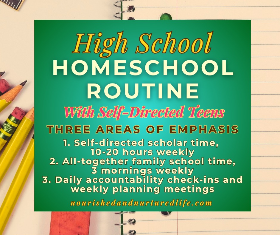 📚⏰📅HOMESCHOOL ROUTINE FOR HIGH SCHOOL (with self-directed teens): Here is a snapshot of how our homeschool routine has worked well for the last couple years with two teens 👇👇👇
https://www.nourishedandnurturedlife.com/post/our-high-school-homeschool-routine-with-self-directed-teens