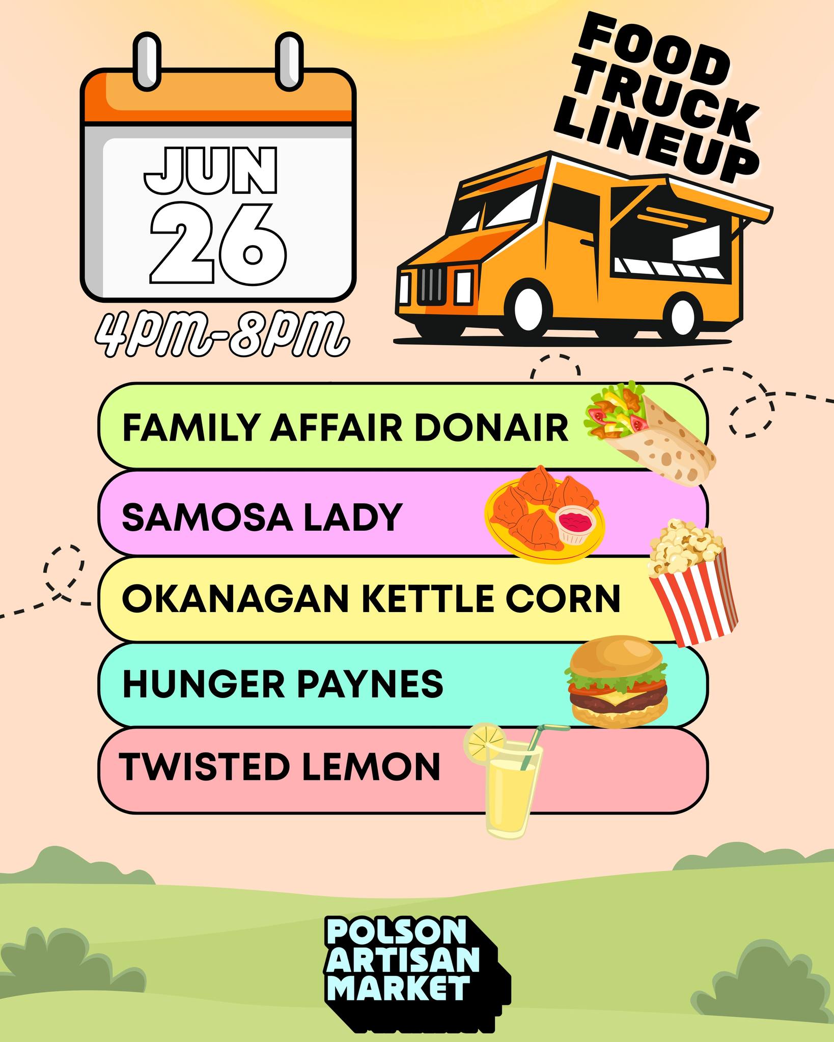 The food truck line up for this FRI-YAY is here! Whether its snacks, drinks, or dinner, we've got you covered!!