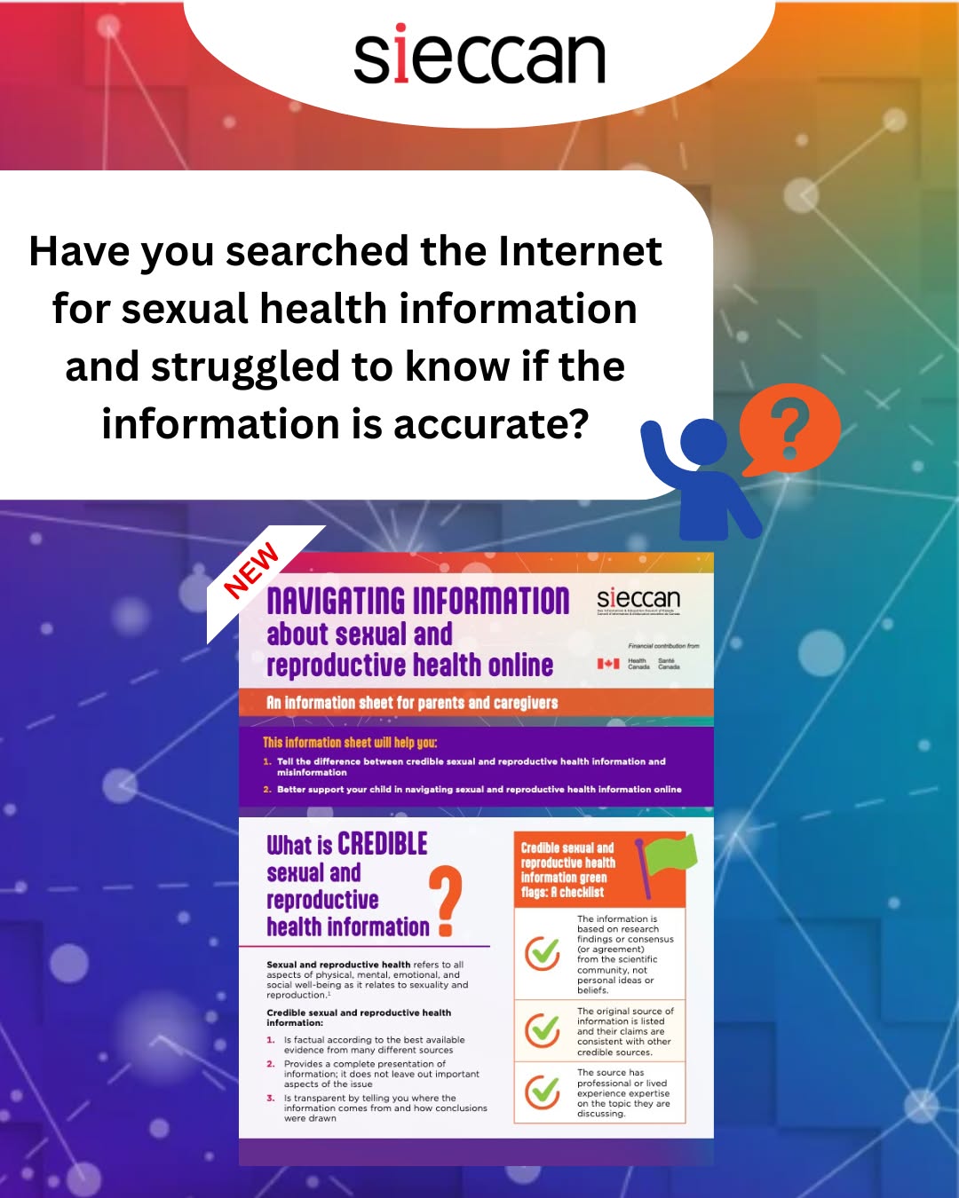 Back with ONE MORE resource for parents on how to navigate information about sexual and reproductive health online!📚
This time we are looking at a BRAND new fact sheet, with some helpful tips and cues to be able to differentiate accurate information from misinformation. 📢
Check out this information sheet as well as the rest of our newly released resources on our website or click on the link in our bio: https://www.sieccan.org/misinformation
Financial contribution by Health Canada.
------
Nous revoici avec une NOUVELLE ressource pour aider les parents à voir clair dans l’information en ligne sur la santé sexuelle et génésique!
Ce nouveau feuillet offre des conseils utiles et des astuces pour distinguer les informations fiables des mésinformations.
Consultez ce feuillet et d’autres nouveautés sur notre site Web ou via le lien dans notre bio : https://www.sieccan.org/misinformation-fr