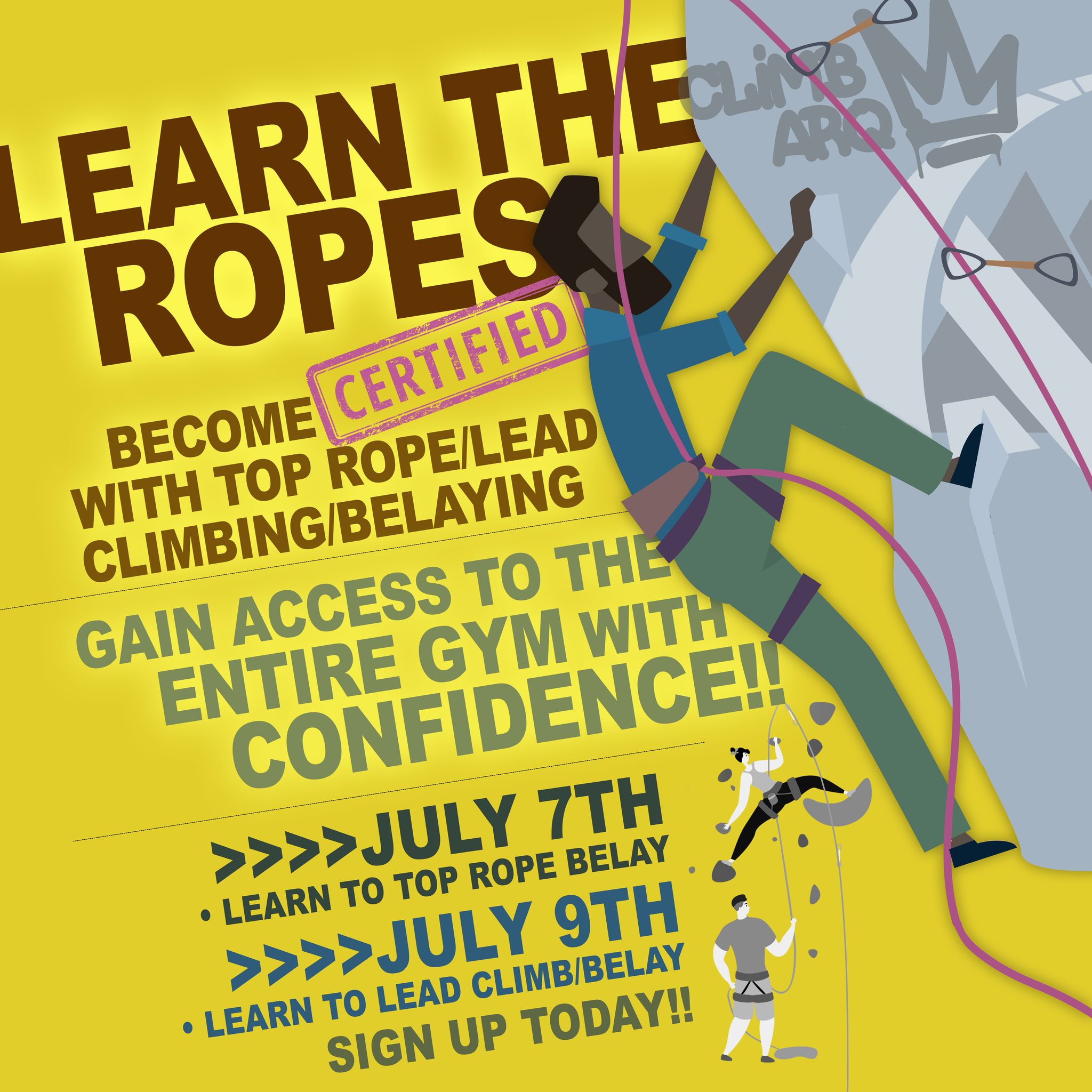 LEARN TO TOP ROPE AND LEAD BELAY!!!
JULY 7TH from 6-8pm - TOP ROPE • JULY 9TH from 6-9pm - LEAD CLIMBING
• FIND CONFIDENCE IN CLIMBING
• GAIN AWARENESS OF SAFETY IN THE GYM
• TAKE YOUR SKILLS OUTSIDE
In both courses, we navigate the skills required to climb safely in the gym and outside. Specifically; you'll learn rope management (the belaying, clipping), movement on the wall (falling, spacial awareness), and of course overall safety for you and your climbing partner.
These courses are both excellent opportunities to learn and gain further skills to have the best time on and off the walls.
Sign up today!!
Top Rope: https://climbarq.portal.approach.app/schedule?categoryIds=3
Lead Climb: https://climbarq.portal.approach.app/schedule?categoryIds=17