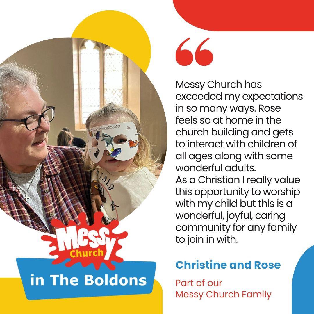 💬 "Messy Church has exceeded my expectations in so many ways."
For Christine and Rose, Messy Church in the Boldons has become a place of friendship, belonging, worship and joy. A place where Rose feels at home, can be creative, make friends, and be part of something bigger.
We know that trying somewhere new can feel like a big step. That's why we're passionate about creating a space where everyone is welcome, whatever your background, experience of church, or stage of life.
Messy Church is a relaxed and friendly way for families to explore faith together through creativity, celebration, food and community.
If you've been wondering whether Messy Church might be for you, we'd love to welcome you along.
Find out more here: www.boldonsbenefice.com/messy-church
❤️ There's always room for one more at the table.