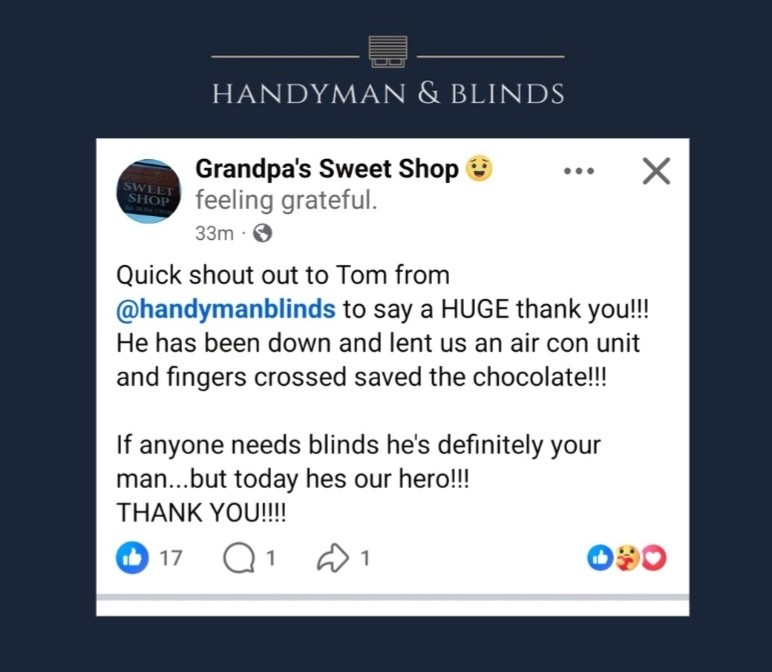 ⭐️HELPING OUT IN THE COMMUNITY⭐️
We at Handyman & Blinds LTD are always here to help!
Please go and show your support at Grandpa's Sweet Shop today where they are selling all your confectionery delights and refreshing icecreams which thankfully haven't melted due to our support.
#localbusiness #support #community