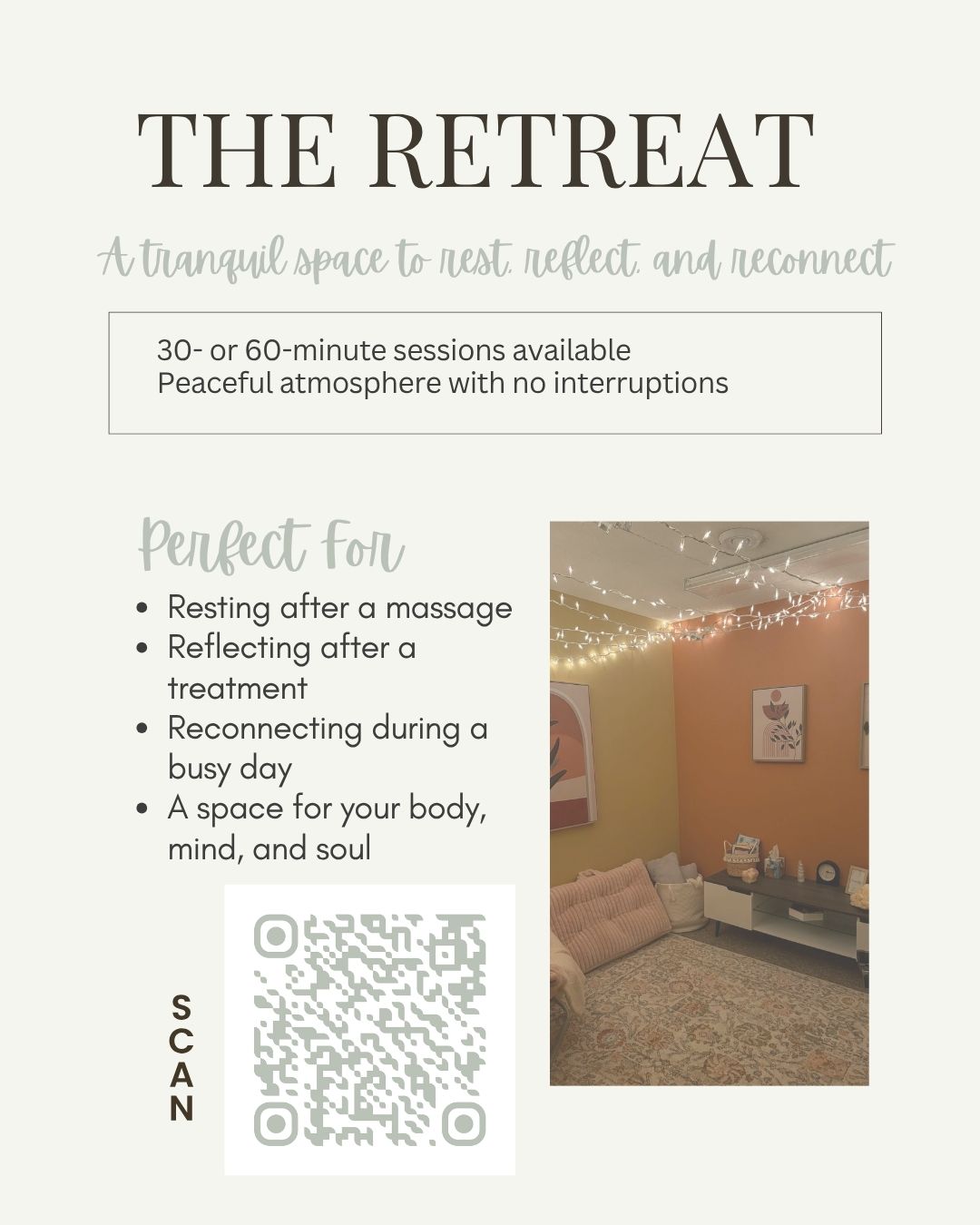 Sometimes healing looks like slowing down.
The Retreat is a peaceful, private space inside Total Health & Healing Center designed for rest, reflection, and reconnection. Whether you need a quiet moment after a massage, time to process after an appointment, or simply a break from the busyness of life, this space was created with you in mind.
🤍 30- or 60-minute sessions available
🤍 Calm, interruption-free environment
🤍 Perfect after treatments or during a stressful week
🤍 A space to care for your mind, body, and soul
Give yourself permission to pause. Sometimes the most productive thing you can do is rest.
📍Scan the QR code to learn more and reserve your time in The Retreat.