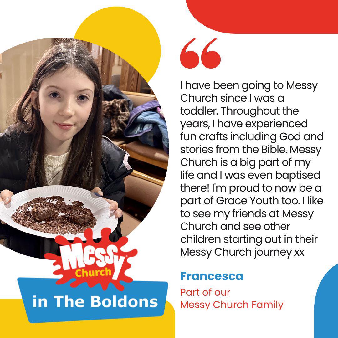 💬 "Messy Church is a big part of my life."
Francesca first came to Messy Church as a toddler and has grown up surrounded by the crafts, stories, friendships and faith that make our community so special. Along the way she was baptised, made lasting friendships, and is now part of Grace Youth too.
There's something wonderful about seeing children take their first steps into Messy Church and knowing that it can become a place where they belong, grow in confidence, build friendships and explore faith for years to come.
Whether your child is a toddler, at primary school, or somewhere in between, Messy Church is a place where families can learn, create, laugh and journey together.
We'd love to welcome you and your family to be part of the story.
Find out more here:
www.boldonsbenefice.com/messy-church
❤️ Church for all the family in Boldon
