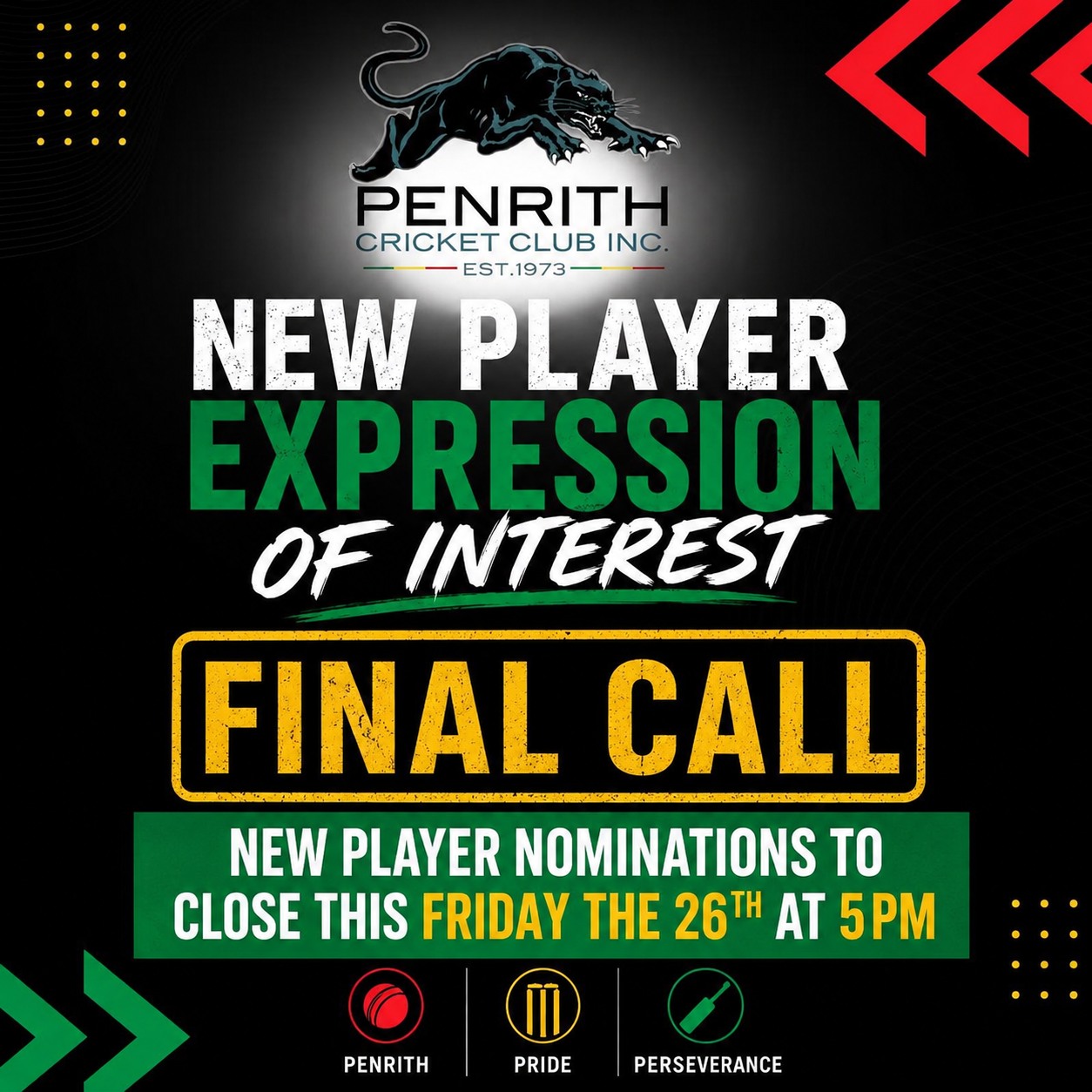 🏏 NEW PLAYER EXPRESSIONS OF INTEREST – FINAL CALL 🏏
Expressions of interest for the 2026/27 season will be closing in just over 24 hours. Make sure you do not miss your chance!
Successful applicants will be notified and then invited to trial in mid-July
👉 Register your interest with the link in our bio