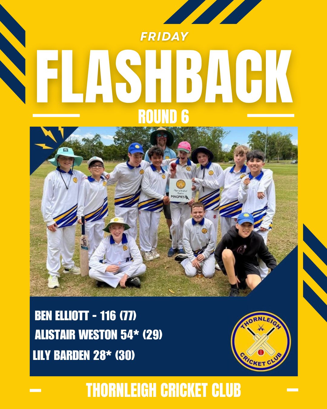 ⚡️ FLASHBACK FRIDAY ⚡️
Flashback to round 6 of last season where Thornleigh continued to show their dominance on the field!
Our juniors continued to impress across the board, with the Under 10 Golds putting on a brilliant bowling display, the Under 12s securing a great win with Lily Barden unbeaten on 28*, and the Under 15s showing plenty of fight against a talented Oakhill side. A fantastic effort from all our young cricketers!
In B Grade, Beecroft battled hard to post 239 after 81 overs, but our boys came out firing in the chase. Ben Elliott smashed another incredible century, reaching 100 from just 77 balls, before Alistair Weston sealed the win in style with a six to bring up both the winning runs and his own rapid 50 off 29 balls!
⏰ REMINDER: Early Bird Registration Won't Last Forever! ⏰
There's still time to save $20 off your registration for the 2026/27 Thornleigh Cricket Club season, but don't leave it too late!
🏏🏏🏏
Thanks as always to our Major Sponsor: @alto_mitsubishi_pennant_hills
and our Community Partners:
@magpieswaitara
@allenandsheppard
@scooda.creativehub
.....for your huge support of local community cricket.
#PlayCricketforThornleigh #ThornleighCricket #SummerSport #Cricket #Thornleigh #Westleigh #TforThornleigh #CommunityCricket
@cricketnsw
@cricketaustralia
@playcricketau
@hkhdca
@thornleighsportsclub