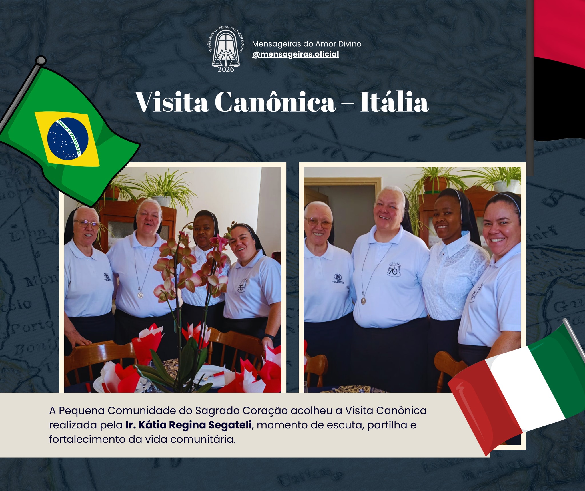 A Pequena Comunidade do Sagrado Coração acolheu a Visita Canônica realizada pela Ir. Kátia Regina Segateli, M.A.D., delegada para este importante serviço de animação, acompanhamento e fortalecimento da vida comunitária.
Momento de escuta, partilha, fraternidade e renovação da missão, fortalecendo os laços que unem nossas comunidades na vivência do carisma das Irmãs Mensageiras do Amor Divino.
Durante a visita, a Ir. Bernarda Julião, M.A.D. apresentou sua reflexão em forma de poema sobre a Civilização do Amor, inspirando-nos a construir um mundo marcado pela compaixão, pela justiça, pela paz e pela fraternidade.
Que o amor seja sempre a força transformadora de nossas comunidades e de nossa missão evangelizadora.