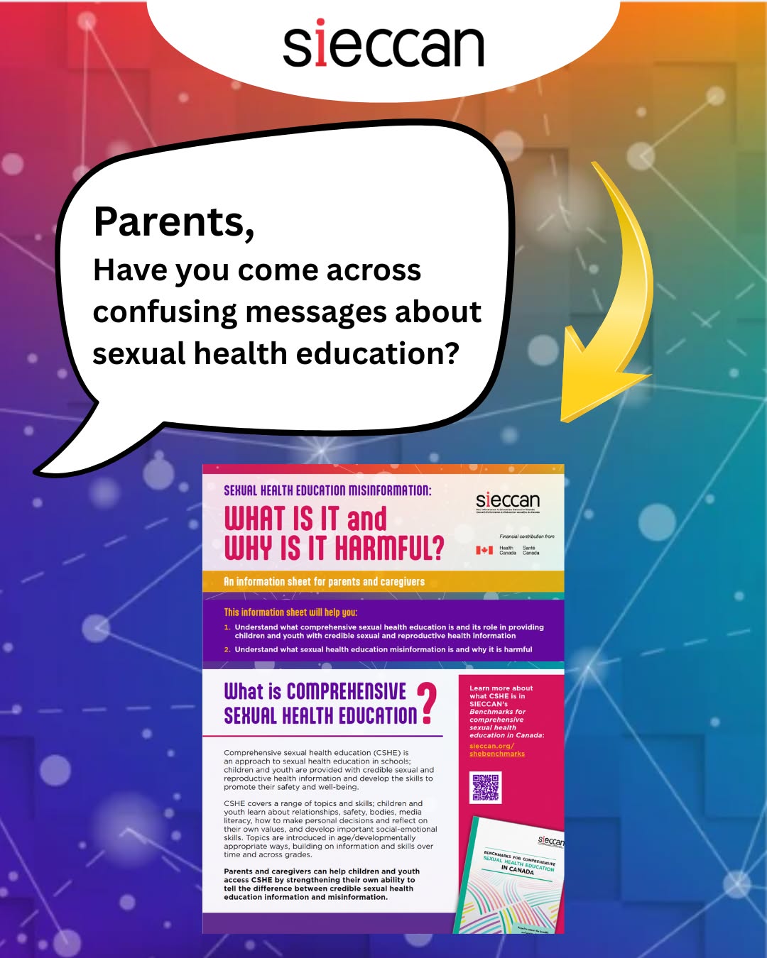 If you have been using and enjoying our latest resource on how to navigate sexual health education misinformation… we have a BRAND NEW ONE for you! 📢
Check out SIECCAN’s new information sheet for parents, Sexual health education misinformation: what is it and why is it harmful?
This info sheet will help you Understand what comprehensive sexual health education is and its role in providing children and youth with credible sexual and reproductive health information. 📚
Visit our website or click on the link in our bio: https://www.sieccan.org/misinformation
Financial Contribution by Health Canada.
-----
Si vous avez aimé notre plus récente ressource pour voir clair dans la mésinformation sur l’éducation à la santé sexuelle… nous en avons une TOUTE NOUVELLE pour vous!
Découvrez le nouveau feuillet d’information du CIÉSCAN à l’intention des parents : La mésinformation sur l’éducation à la santé sexuelle : de quoi s’agit-il et pourquoi est-ce néfaste?
Ce feuillet d’information vous aidera à comprendre ce qu’est l’éducation complète à la santé sexuelle et son rôle pour fournir aux enfants et aux jeunes des informations fiables sur la santé sexuelle et génésique.
Visitez notre site Web ou cliquez sur le lien dans notre bio : https://www.sieccan.org/misinformation-fr