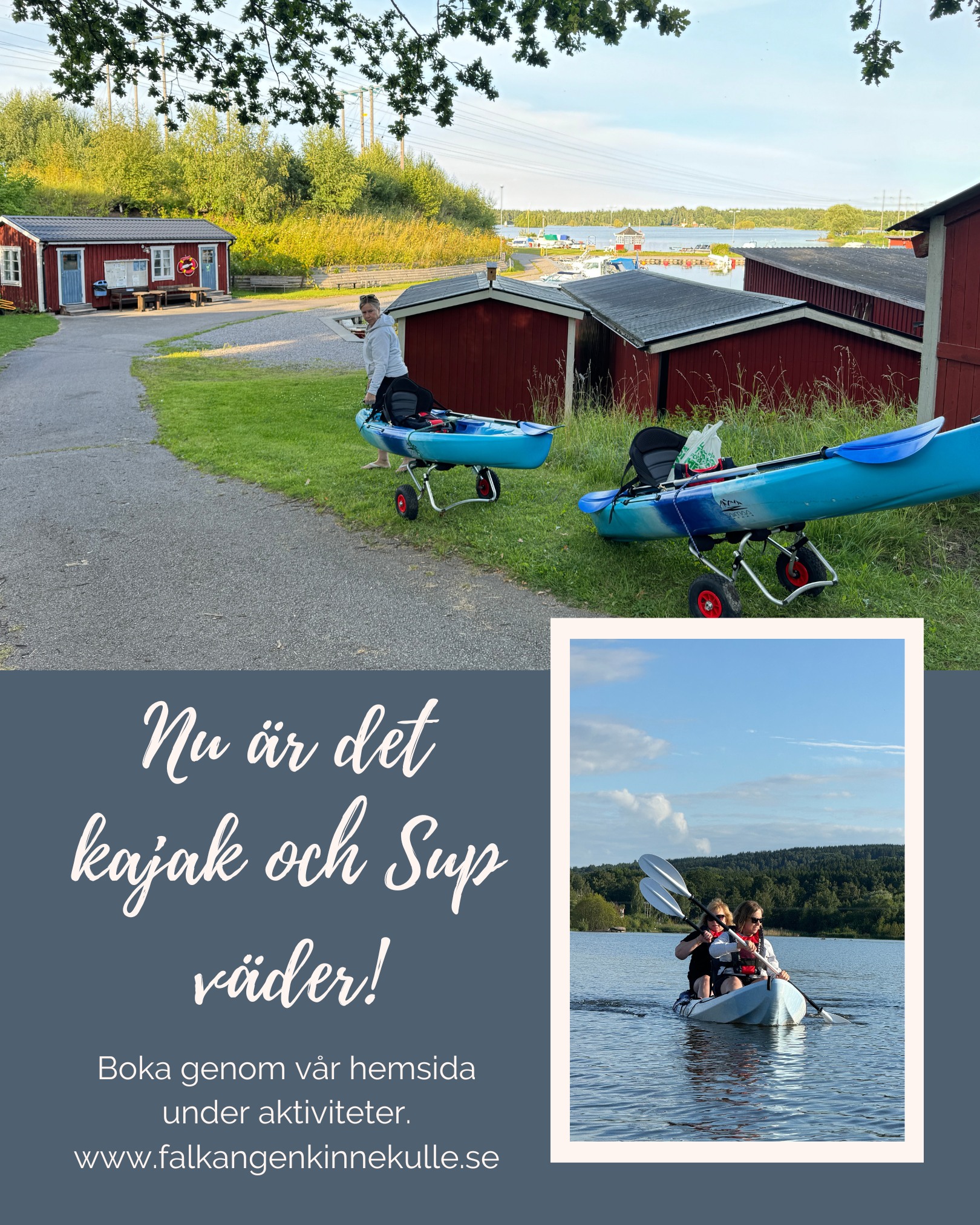 Kajakerna finns i Hällekis hamn, närma att lägga till. Vi har flytvästar och karta och man hyr förmiddag eller eftermiddag. Gå in på vår hemsida och boka direkt under aktiviteter eller slå oss en signal. Väldigt bra kajaker för nybörjare då dom är lätta att ta sig i och ur och dessutom är dom väldigt stabila.