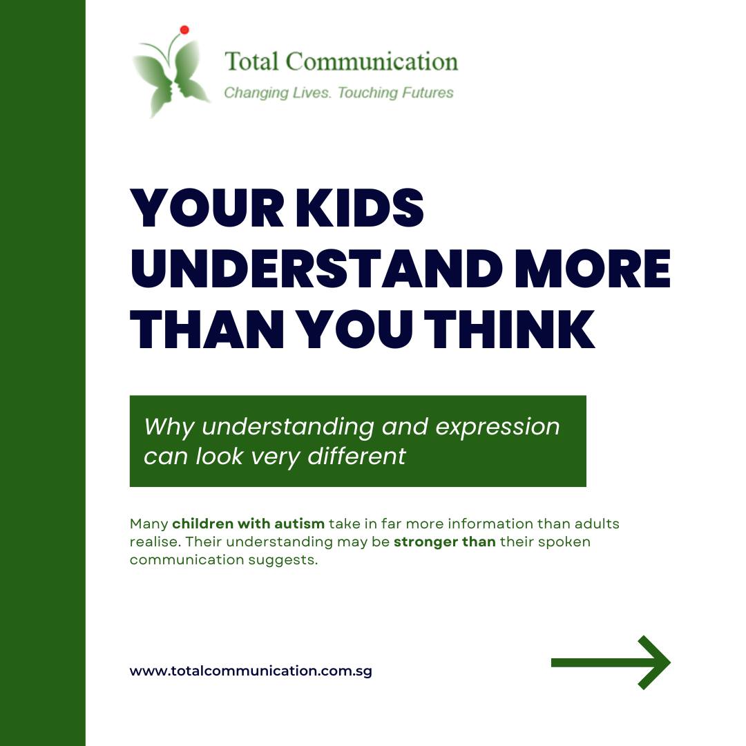 What if your child understands far more than they're able to say?
Many children with autism understand much more than their spoken words may suggest.
They may follow familiar instructions, remember routines, respond to visual cues, or communicate through gestures and facial expressionsโeven when expressing themselves verbally is challenging.
Understanding and speaking are different skills.
When we recognise a child's hidden understanding, we can set more appropriate expectations, build confidence, and create opportunities for meaningful communication.
With the right support, children can express themselves in ways that work best for them and every small step can make a big difference.
If you'd like to learn more about supporting your child's communication journey, we'd love to connect. ๐
๐ +65 9115 8895
๐ www.totalcommunication.com.sg
#AutismSupport #AutismAwareness #SpeechTherapy #CommunicationSkills #ChildDevelopment #EarlyIntervention #DevelopmentalTherapy #ParentingSupport #SingaporeParents #TotalCommunication