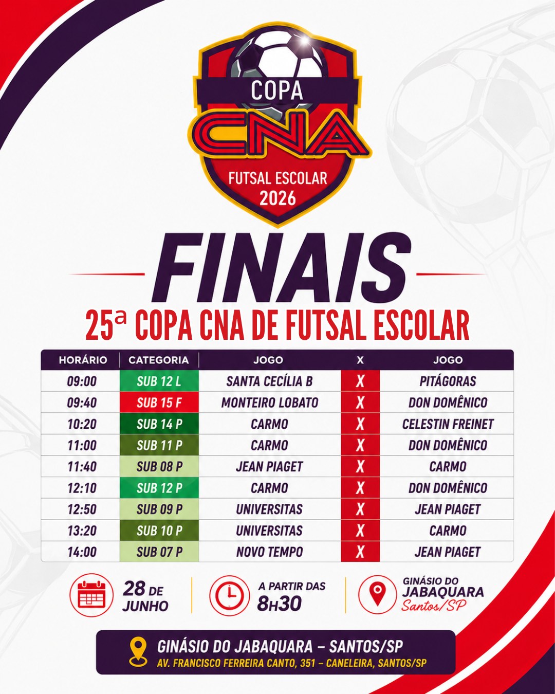 🏆 CHEGOU O GRANDE DIA! 🏆
Depois de meses de dedicação, talento e muita emoção dentro das quadras, chegou a hora de conhecer os campeões da Copa CNA de Futsal Escolar 2026! ⚽
Neste domingo, 28 de junho, o Ginásio do Jabaquara, em Santos, será palco das grandes finais que prometem jogos inesquecíveis, torcida apaixonada e muita emoção do início ao fim.
Cada passe, cada defesa e cada gol construíram histórias que agora chegam ao momento mais decisivo da competição. É a hora de mostrar raça, superação e espírito de equipe.
Famílias, amigos, professores e torcedores estão convidados para viver esse espetáculo do esporte escolar e apoiar nossos jovens atletas.
📍 Ginásio do Jabaquara - Santos/SP
🗓️ 28 de junho
⏰ A partir das 8h30
A Copa CNA de Futsal Escolar é considerada o maior evento esportivo de futsal realizado na Baixada Santista, litoral de São Paulo. Os jogos acontecem sempre no primeiro semestre de cada ano, nos principais ginásios de Santos e região.
Organização: WinnersSports Eventos Esportivos e ASSECOM Assessoria em Comunicação.
✨ Aqui nascem campeões para a vida!
Marque nos comentários quem estará na torcida hoje! 👇⚽🏆
#CopaCNA #CopaCNA2026 #FutsalEscolar #FinaisCopaCNA #Futsal #EsporteEscolar #FutsalDeBase #SantosSP #BaixadaSantista #AtletaDoFuturo