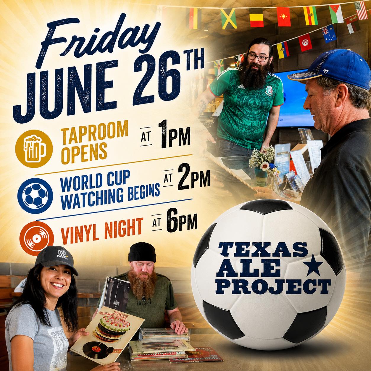 Need Friday plans? We've got you covered.
The taproom opens at 1 PM and World Cup action kicks off at 2 PM. Happy Hour runs from 3–6 PM with $1 off drafts and Vinyl Night starts spinning at 6 PM.
Grab a cold beer, flip through our growing vinyl collection (or bring your own favorite records), and settle in for a laid-back Friday filled with great soccer, great music, and even better company.
We'll save you a seat. 🍻⚽🎶