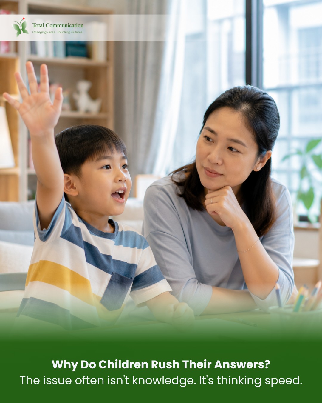 What if your child knows the answer... but answers too quickly? 👀
Rushing to respond isn't always about being impatient or careless.
Many children learn to answer quickly because fast responses often receive attention and praise. But when children respond before they've fully processed the question, they can miss important details, instructions, or clues.
Strong thinking isn't about answering first; it's about taking time to understand before responding.
With the right guidance, children can learn to slow down, observe carefully, reflect on what they've heard, and build stronger problem-solving and critical thinking skills.
If you'd like to learn more about helping your child become a more confident and thoughtful learner, we'd love to connect. 💚
📞 +65 9115 8895
🌐 www.totalcommunication.com.sg
#CriticalThinking #ExecutiveFunction #LearningSupport #ChildDevelopment #EducationalTherapy