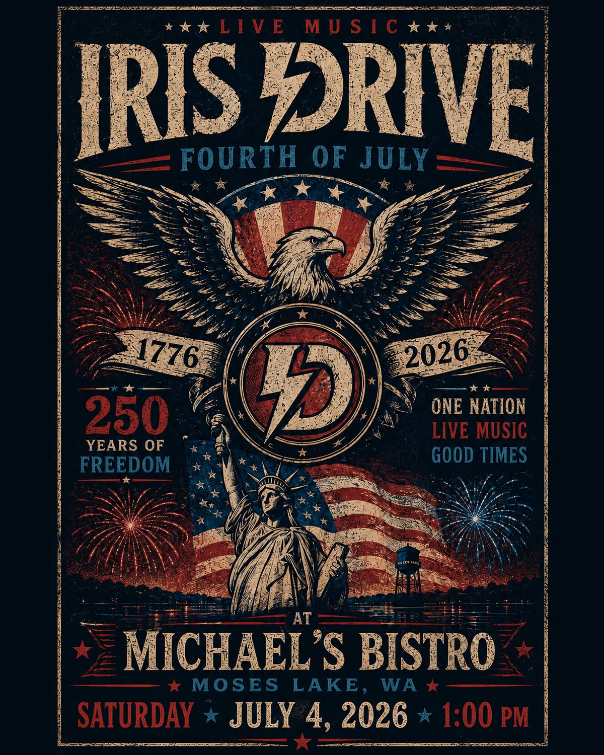 Celebrate America's 250th Birthday with Iris Drive!
There's no better way to spend the Fourth of July than with live music, great food, and an afternoon by the lake!
Join us Saturday, July 4th at 1:00 PM as we return to Michael's Bistro in Moses Lake for one of our favorite annual traditions.
Bring your family, grab a seat on the patio, enjoy an incredible meal, and let's kick off Independence Day together.
We'll see you there!
#IrisDrive #FourthOfJuly #America250 #LiveMusic #MosesLake #MichaelsBistro #IndependenceDay #RockAndRoll