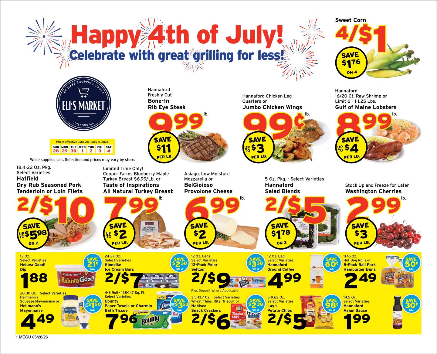 Nothing says Fourth of July like the smell of something on the grill.
From juicy ribeyes and fresh seafood to sweet corn, watermelon, berries, and all the cookout essentials, you’ll find everything you need to celebrate right here at Eli’s Market.
Shop this week’s specials and get ready for a happy and delicious Independence Day! 🇺🇸