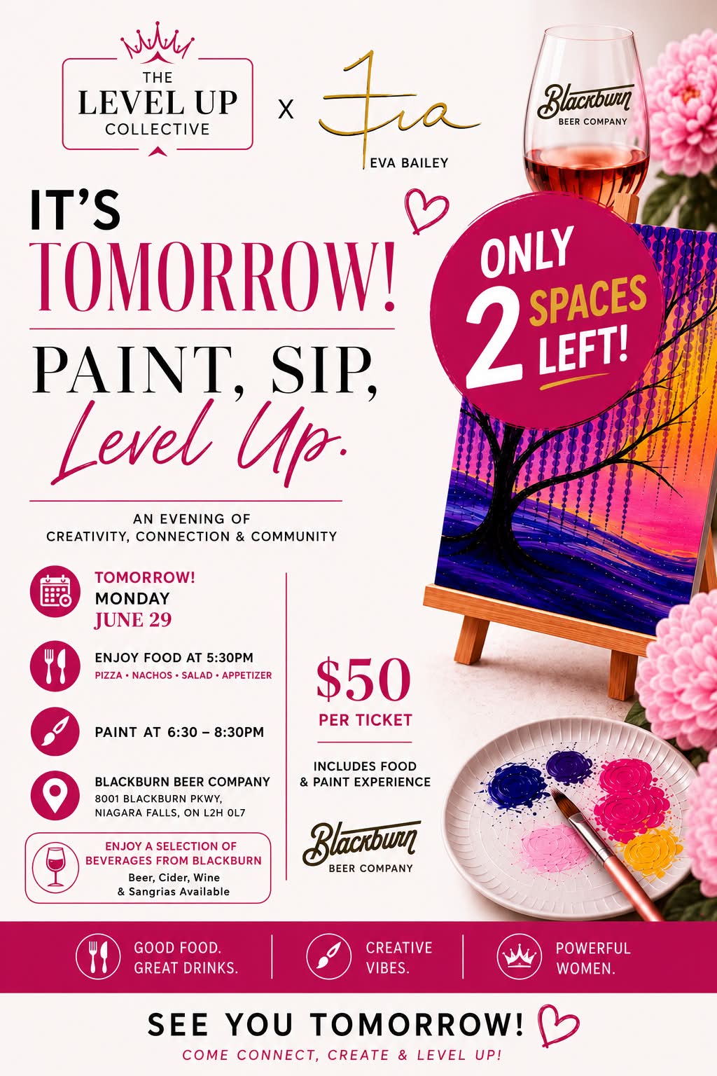 ✨ IT’S TOMORROW! 🎨🍷
Tomorrow is your chance to enjoy a beautiful summer evening filled with creativity, great conversation, delicious food, and amazing women.
Whether you come with a friend or on your own, you’ll leave with more than a painting…
you’ll leave with new connections and a memorable experience!
🎟️ Only 2 spots remain! Don’t wait until it’s too late.
We can’t wait to see you tomorrow! 💕