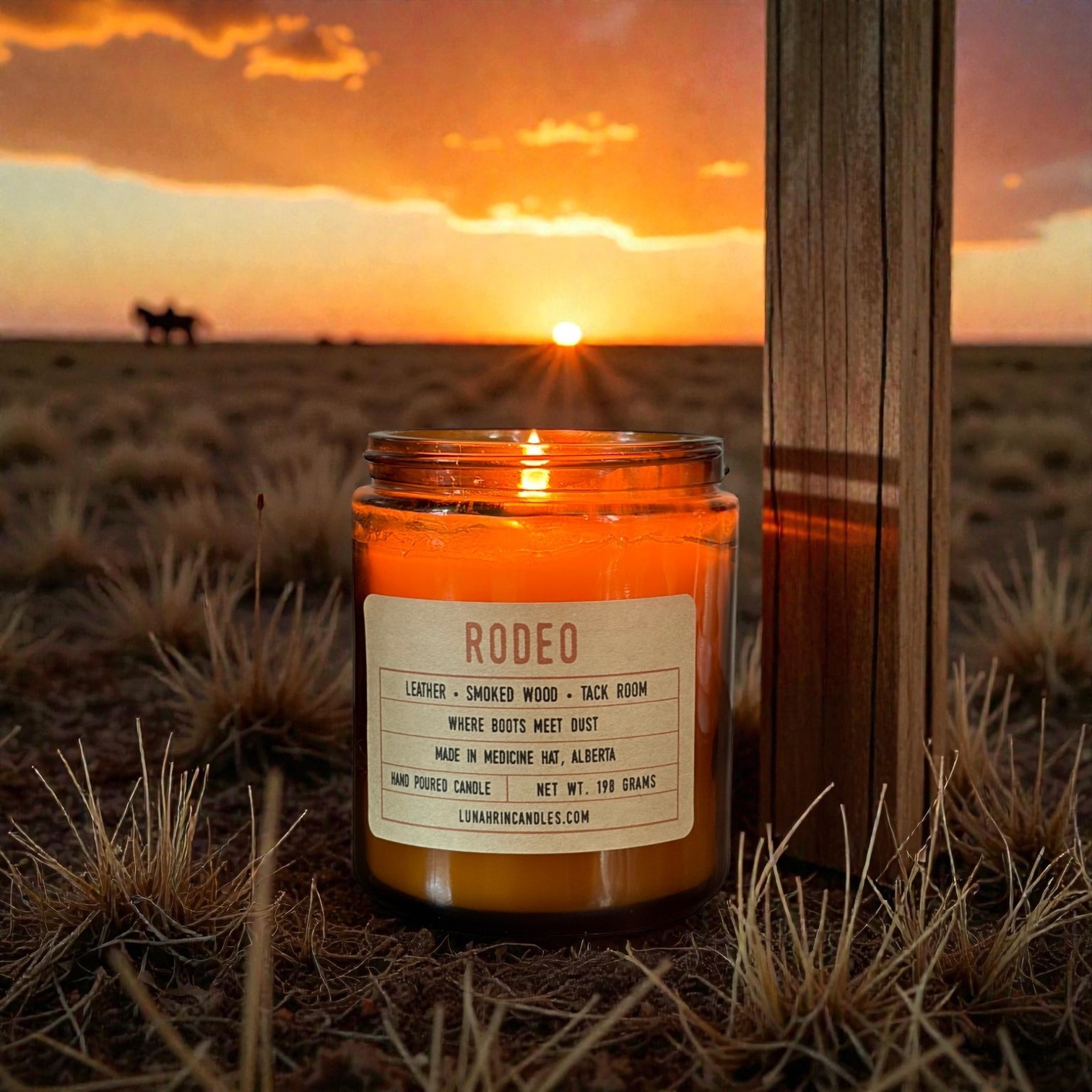 The gate swings open at eight and the grounds smell like they did last year and the year before that. Leather and sawdust and something burning somewhere. The announcer's voice carries all the way to the parking field.
Rodeo isLeather, Smoked Wood, Tack Room. Stampede season, the version that smells like the grounds instead of the breakfast tent.
https://www.lunahrincandles.com/product-page/rodeo-candle
