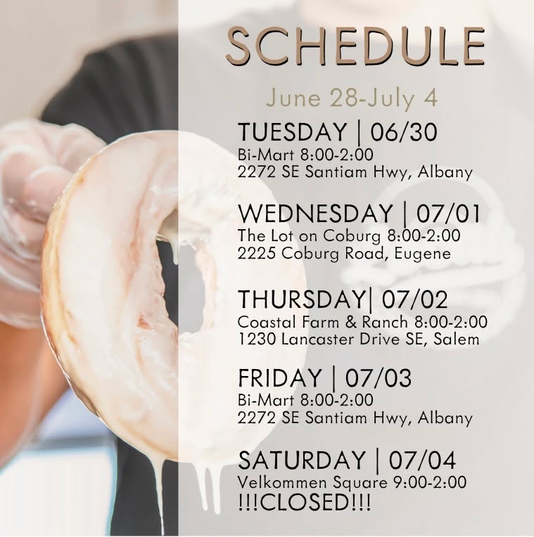 Good morning! 🌤
How is it July already!? The summer is already flying by!
As you can see on the schedule, we have a stop in SALEM this week. July 2nd, Local's will be in SALEM!!! We would love your help spreading the news!
Sadly for Junction City, Local's will not be open on Saturday, July 4th.
✨THE RASPBERRY GLAZED✨ is back for our specialty donut this week.
The Raspberry Glazed is an original donut topped with our home made raspberry glaze.
The deep, rich, red color you see on the picture is all natural from wonderful raspberry puree sourced locally from Stahlbush Family Farms!
ALBANY. You can find Local's parked at Bi-Mart tomorrow, June 30.
ADDRESS: 2272 SE Santiam Hwy, Albany
HOURS: 8-2
Along with our special, we will also be serving our original vanilla glazed donuts, cinnamon sugar donuts, handcrafted soft pretzels, and Blue Silo Creamery milk and chocolate milk.
GIVEAWAY: We are giving away a half dozen donuts/pretzels to 2 lucky followers!
TO ENTER:
✨LIKE THIS POST
✨FOLLOW OUR PAGE
✨TAG YOUR FRIENDS
Winners will be announced tomorrow morning and will also be contacted directly. Please be aware of scammers posing as our page, we will NEVER ask for credit card/personal information to claim your prize.
See you soon! 🫶