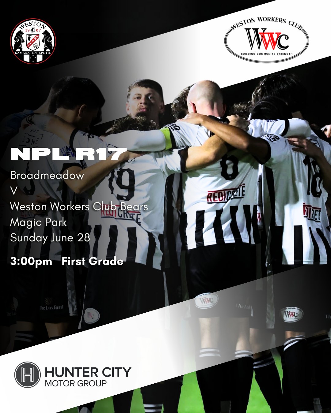 R17 | NPL
The @westonworkers Bears hit the road again today for their R17 NPL Northern NSW match with Broadmeadow.
In this rain affected round it's only 1st grade playing and both sides will settle for nothing less than maximum points.
⚫Magic V Bears
⚪Sunday| Magic Park
⚫3:00pm First Grade
#COYB
@westonworkers @huntercitymotorgroup
📸 @sproulesportsfocus
