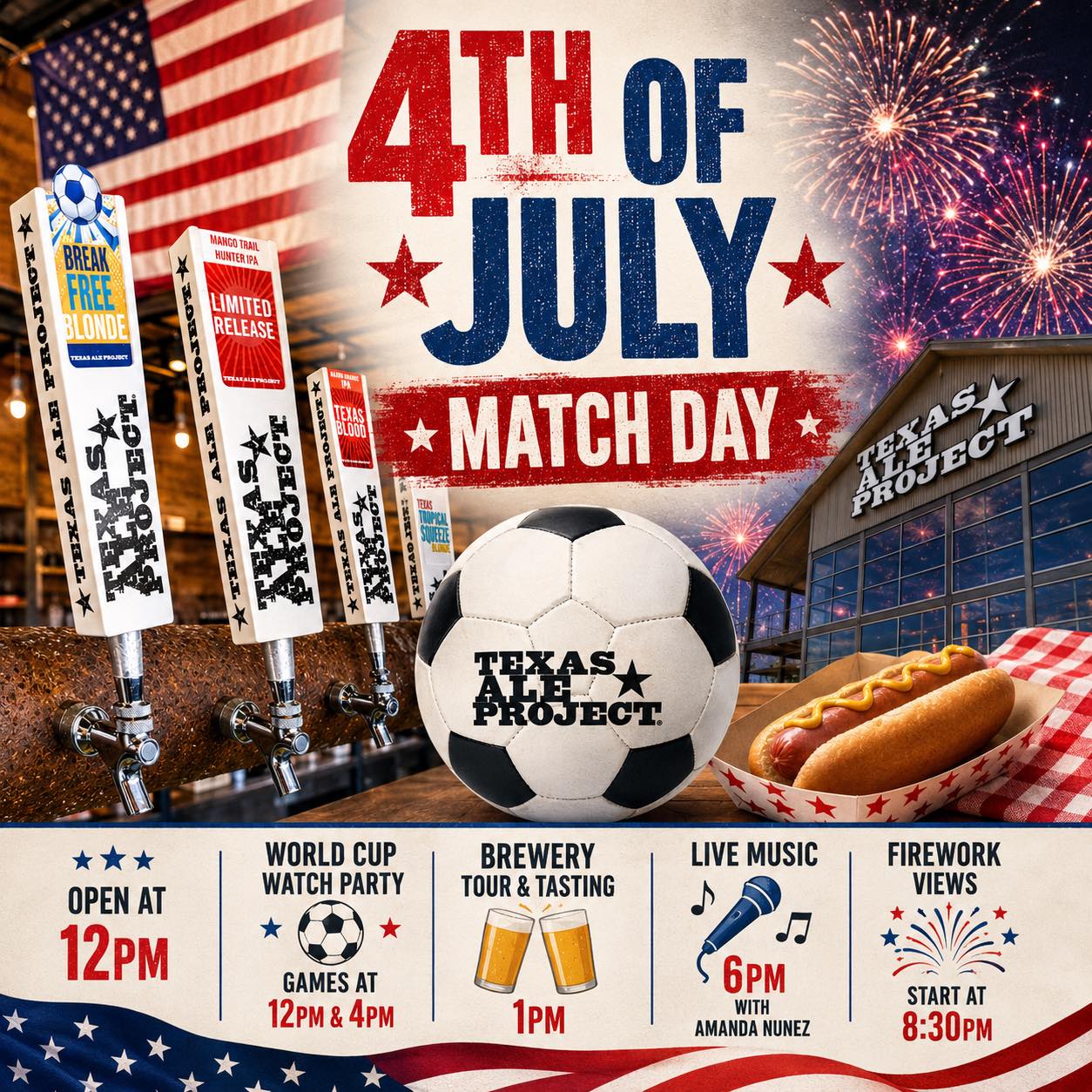 Spend your 4th of July where great beer, great people, great fun and great soccer come together. ⚽🍻
We're opening at 12 PM for an all-day Match Day celebration packed with everything you need for the perfect holiday. World Cup Match Day games kick off at noon and 4pm!
Want to see where it all begins? Join our exclusive Brewery Tour & Tasting at 1 PM for a behind-the-scenes look at Dallas' first brewery built from the ground up since Prohibition. (Tour tickets are available for purchase on our website.)
Stick around as the day rolls on with live music from Amanda Nunez at 6 PM, then cap off the evening with some firework views beginning around 8:30 PM.
Whether you're here for the soccer, the beer, the music, or just a place to celebrate with family and frienda, we'd love to spend Independence Day